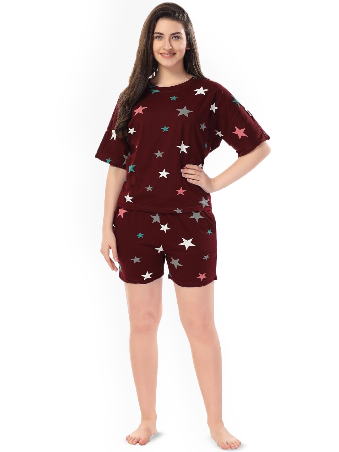 

Xivir Women Printed Slip On Night suit, Burgundy
