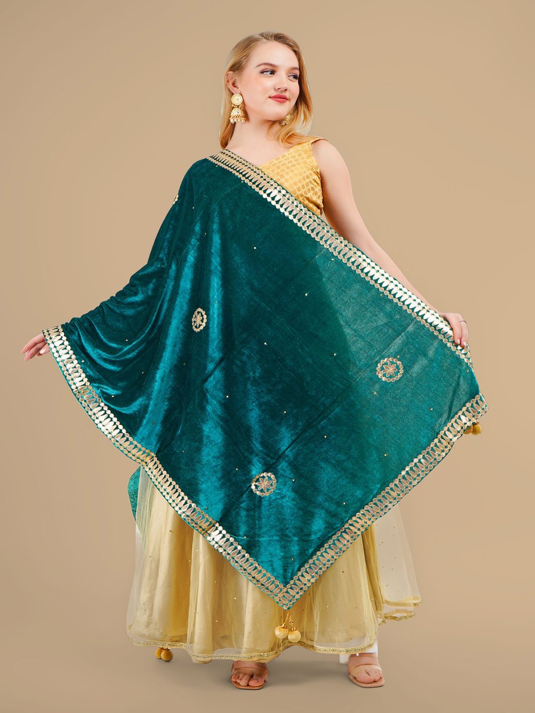 

Karthav Fashion Embroidered Velvet Dupatta with Gotta Patti, Sea green