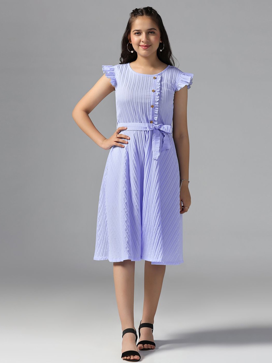

YK Girls Round Neck Flutter Sleeve A-Line Dress With Tie-Ups, Purple