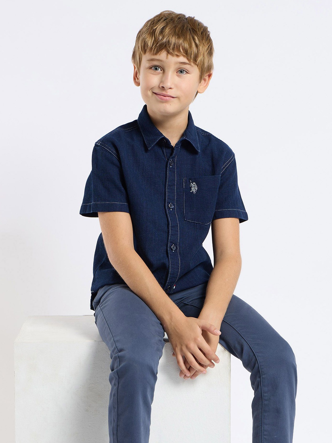 

U.S. Polo Assn. Kids Boys Spread Collar Solid Cotton Casual Shirt, Navy blue