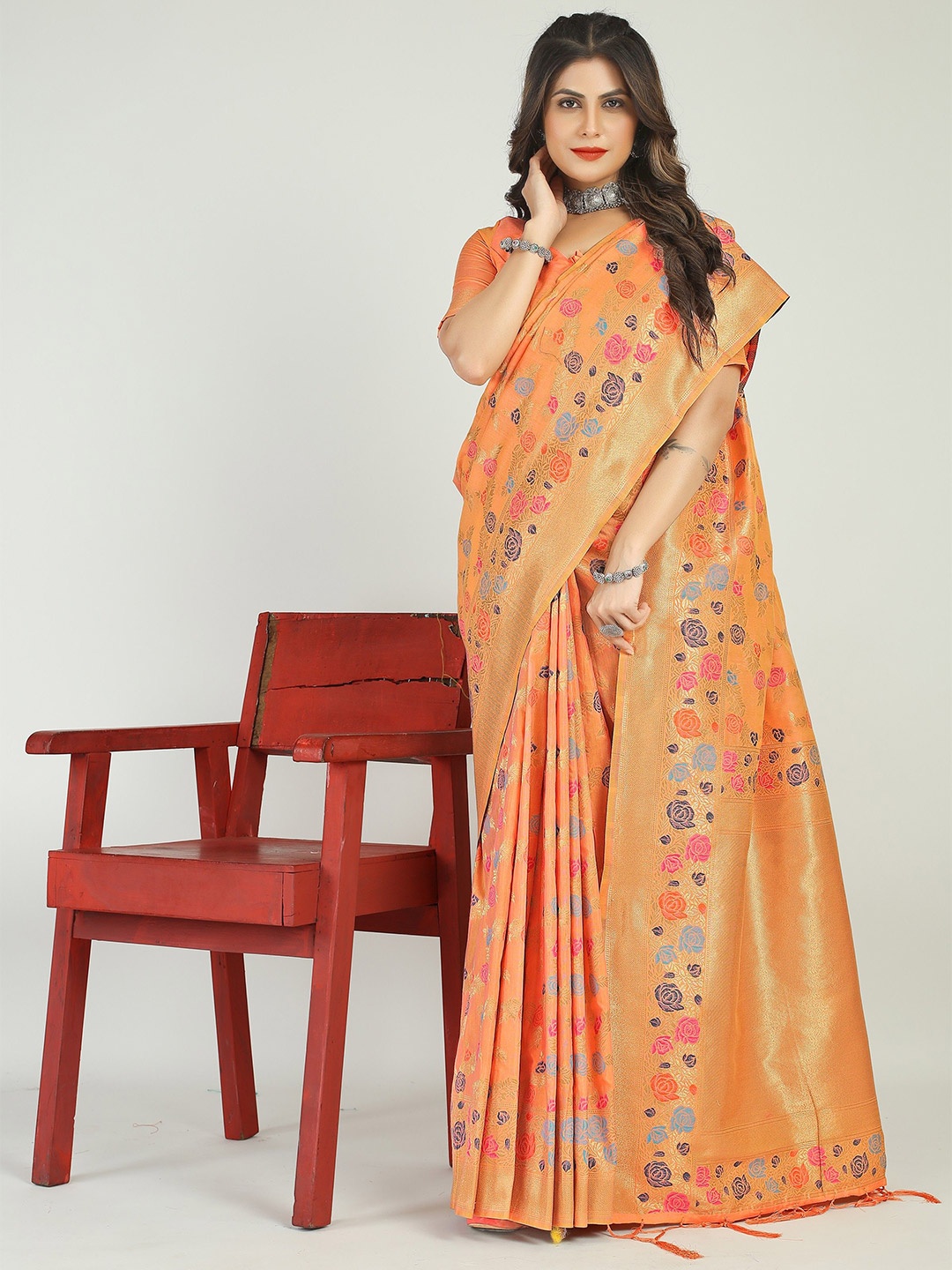

Kandora Woven Design Zari Pure Silk Paithani Saree, Orange