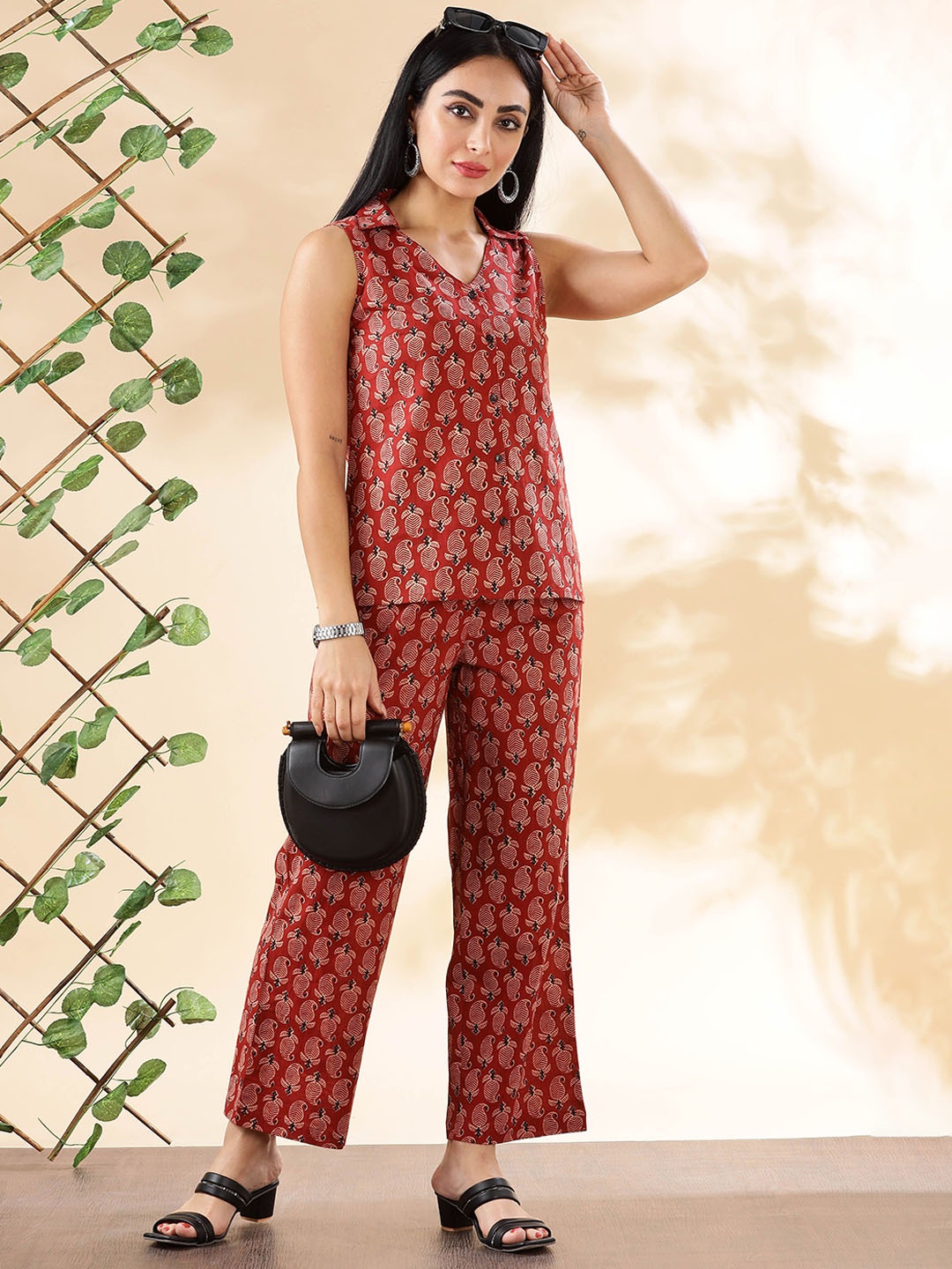 

Anouk Printed Round Neck Top With Trousers Co-Ords, Rust