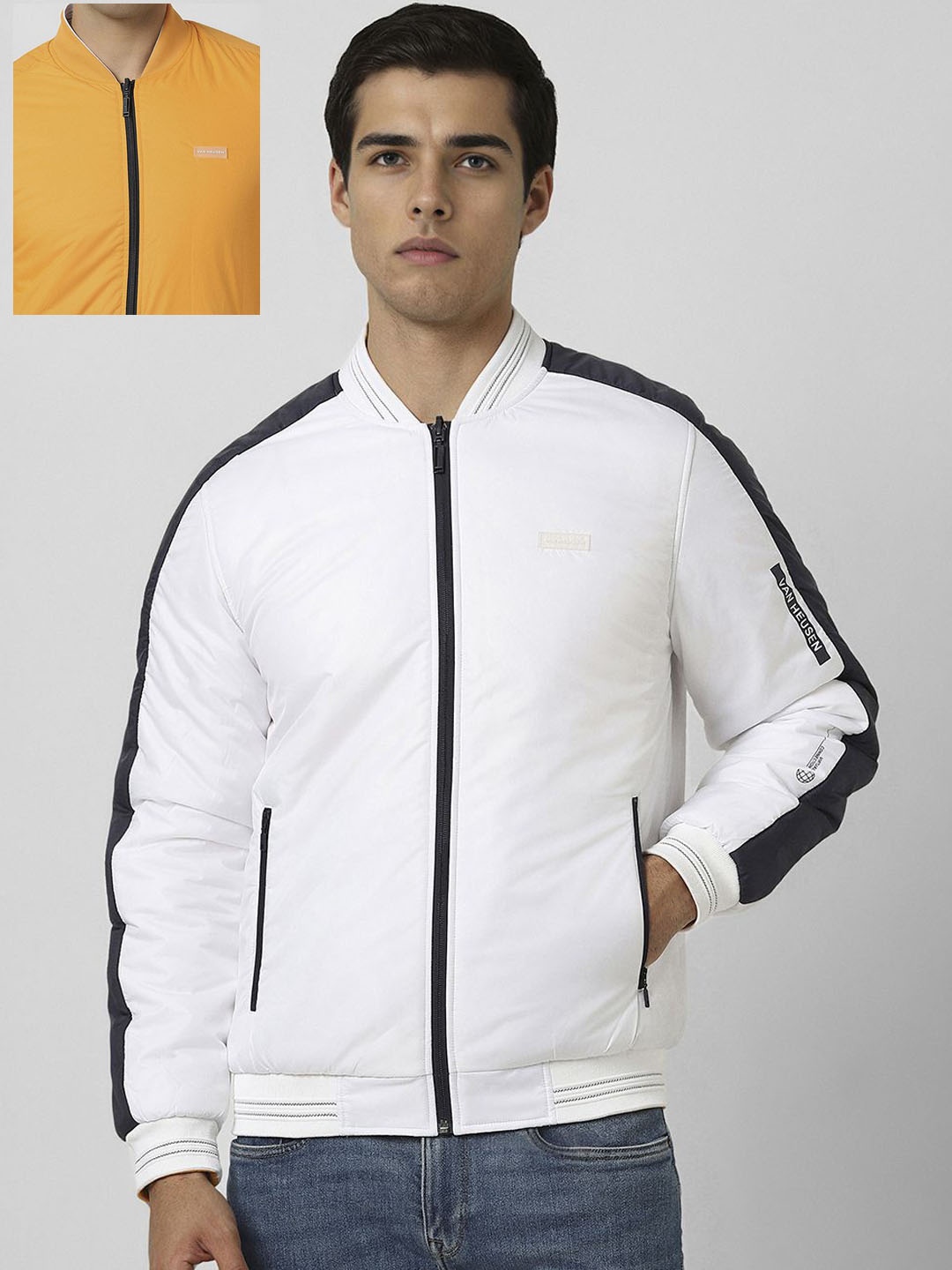 

Van Heusen Flex Men Stand Collar Solid Cotton Casual Bomber Jacket, White