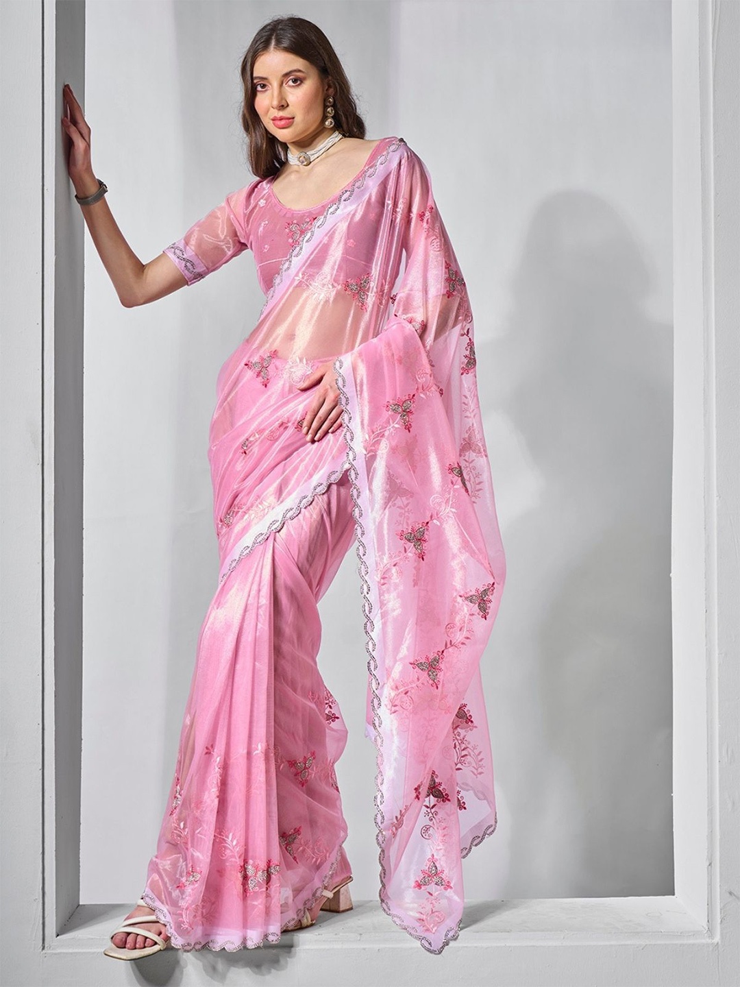 

ODETTE Pink Net Embroidered Saree With Unstitched Blouse For Women