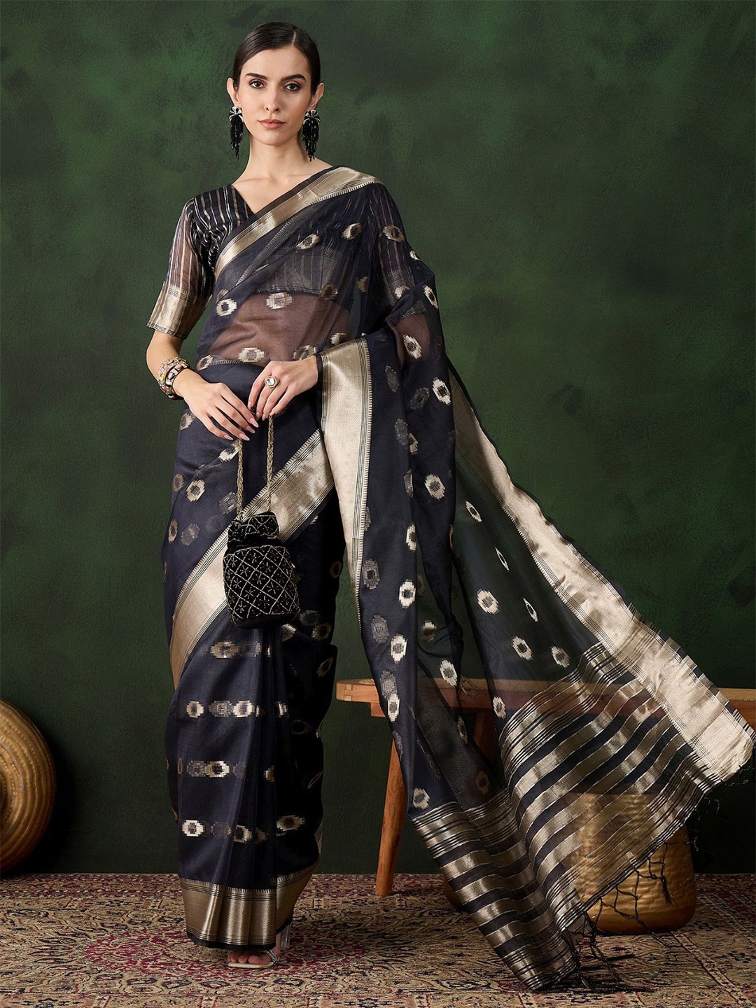 

ODETTE Woven Design Zari Saree With Unstitched Blouse, Navy blue