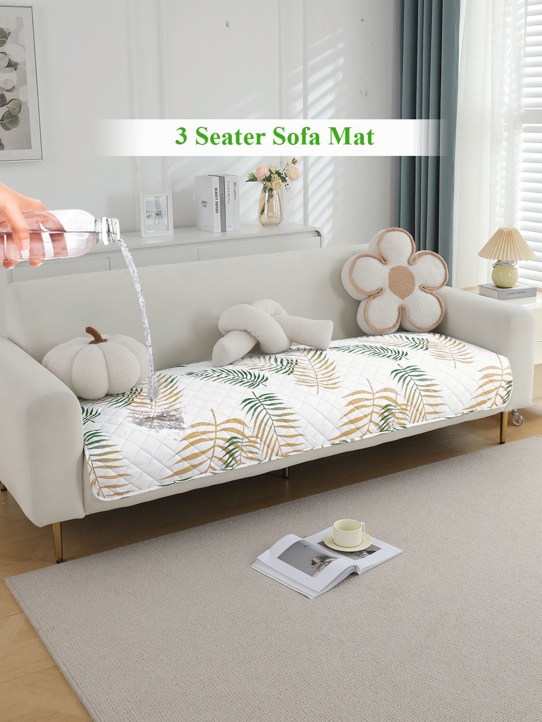 

HOKIPO White & Green 3-Seater Floral Printed Waterproof Sofa Cover