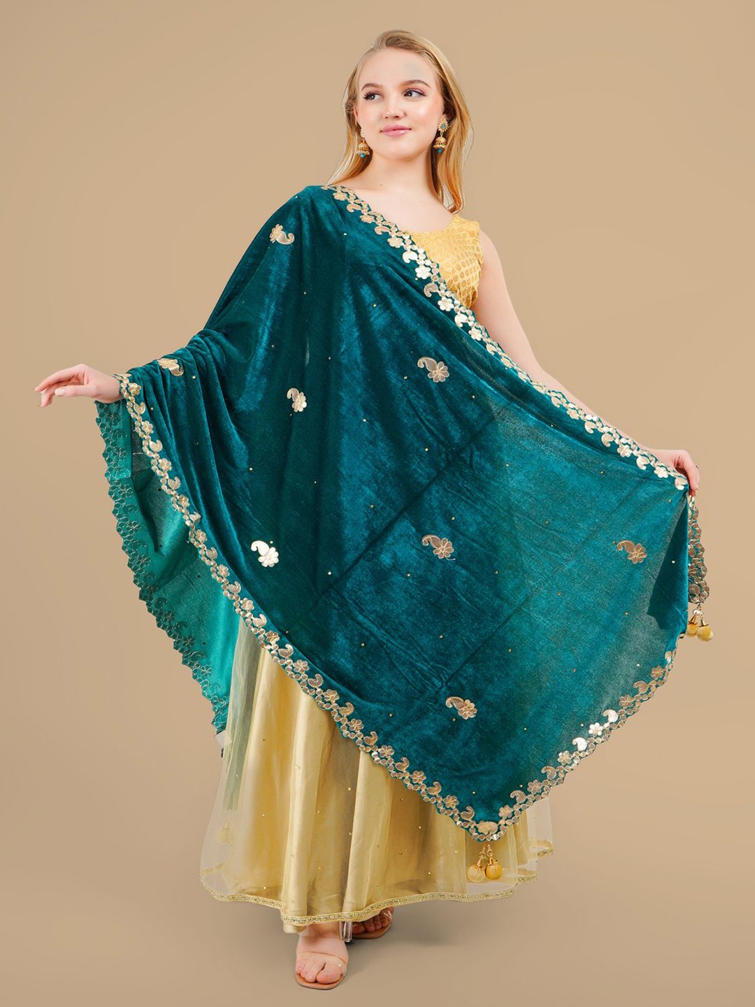 

Karthav Fashion Paisley Embroidered Velvet Dupatta With Gotta Patti, Sea green