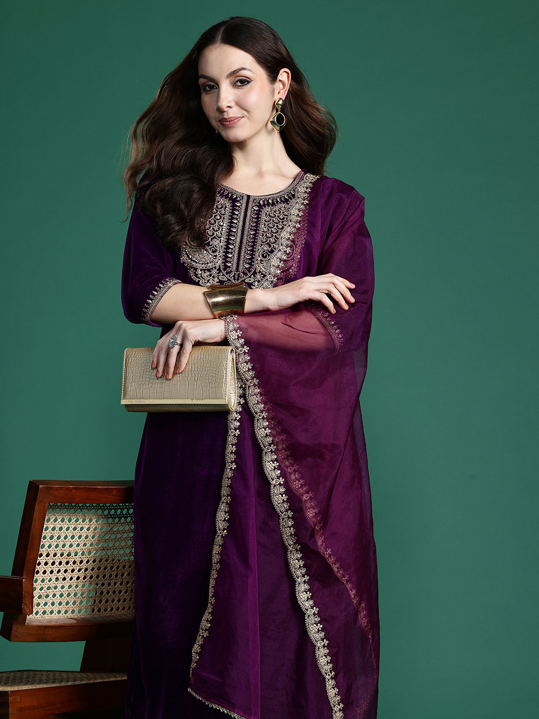 

Indo Era Ethnic Motifs Embroidered Velvet Kurta with Trousers & With Dupatta, Purple