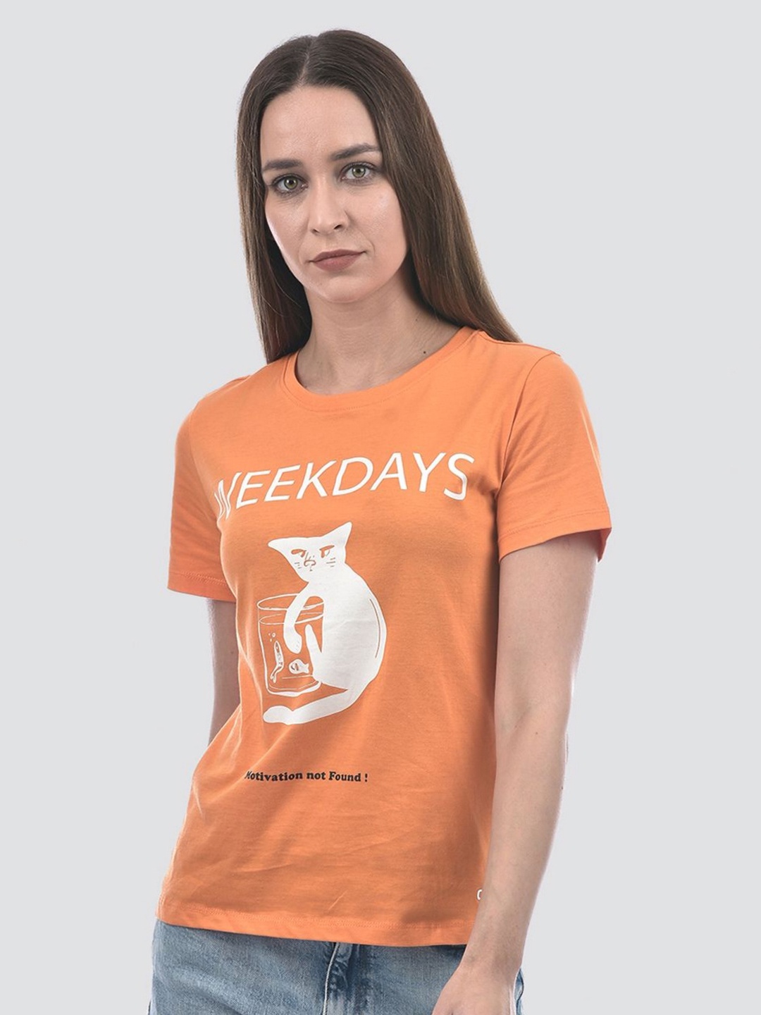 

ONLY Women Graphic Printed Round Neck Cotton T-shirt, Orange