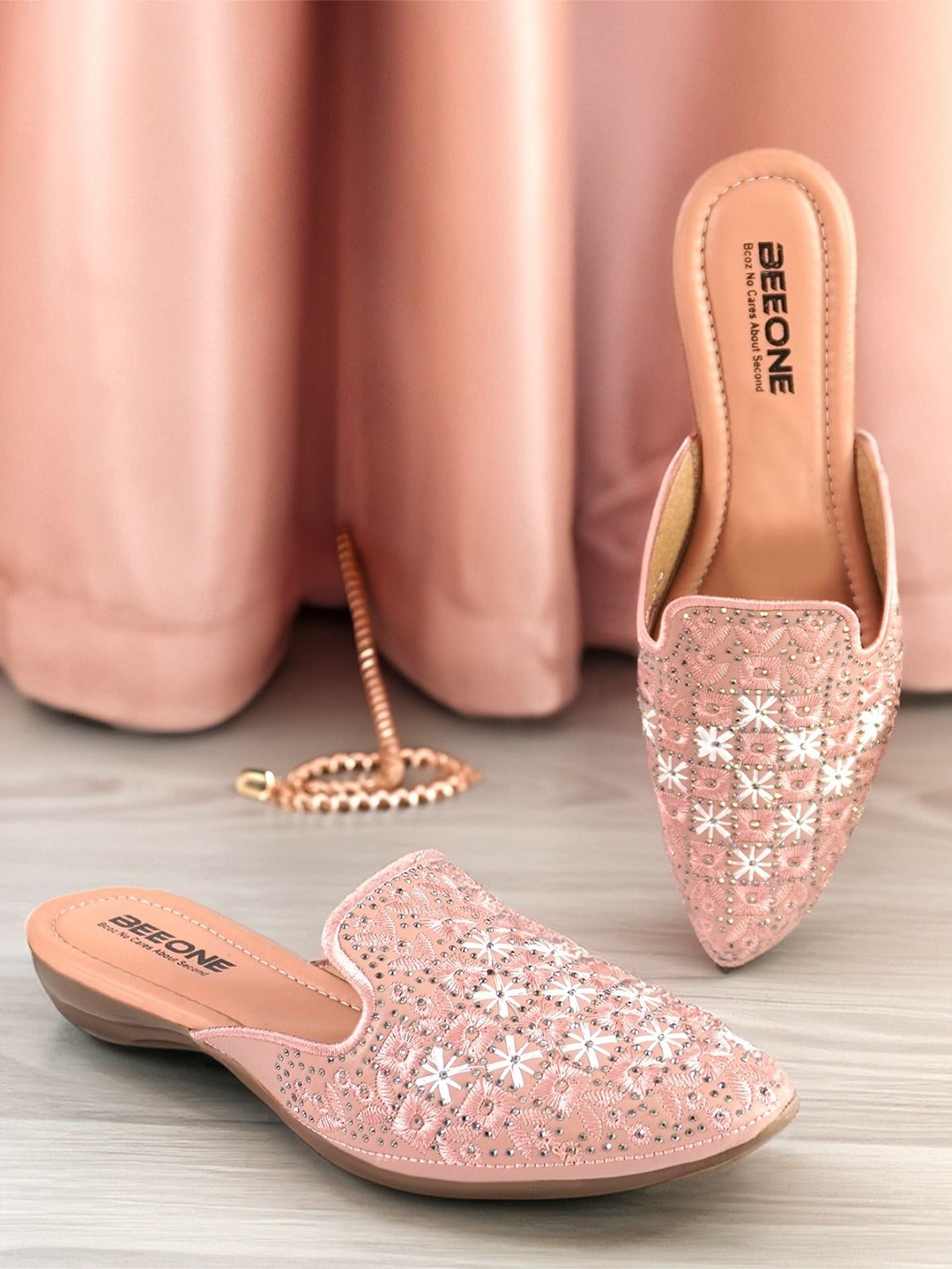 

Beeone Women Ethnic Embellished Pointed Toe Mules Flats, Pink