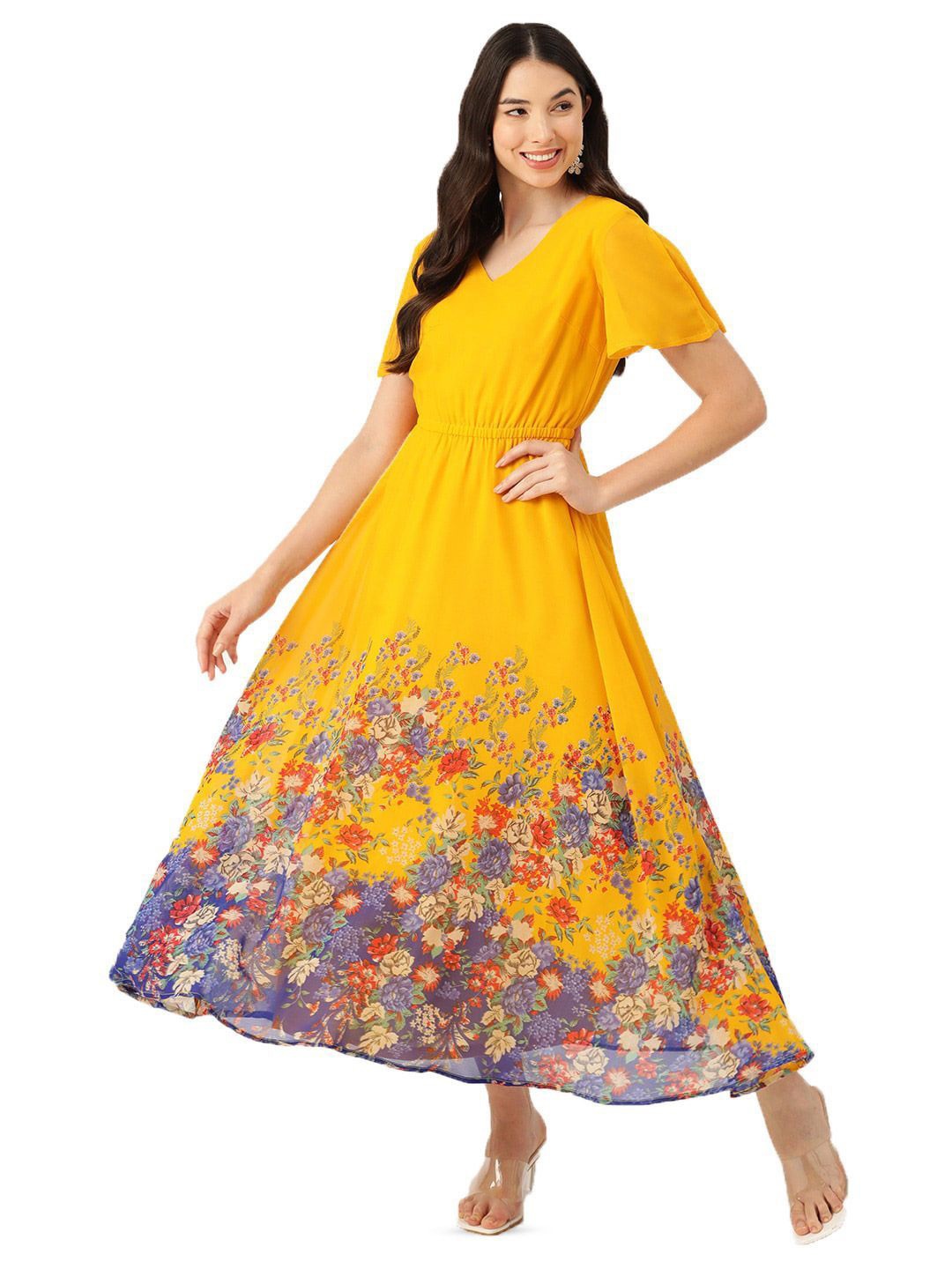 

DressBerry Women Floral Print V Neck Flared Sleeve Fit and Flare Maxi Dress, Yellow