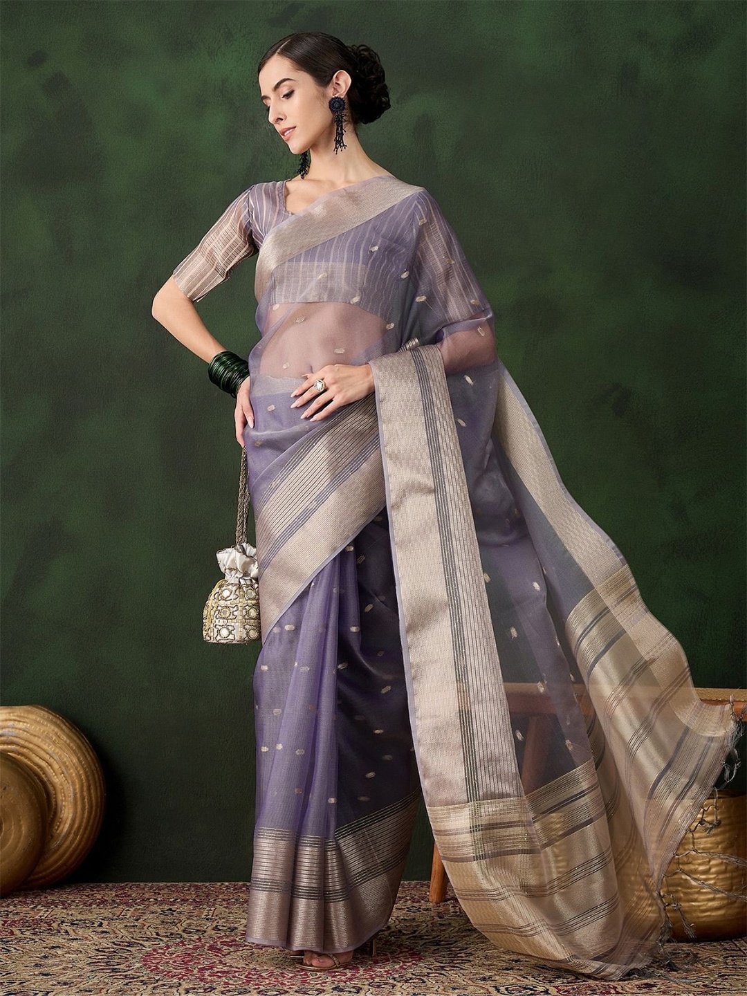 

ODETTE Woven Design Zari Organza Saree, Lavender