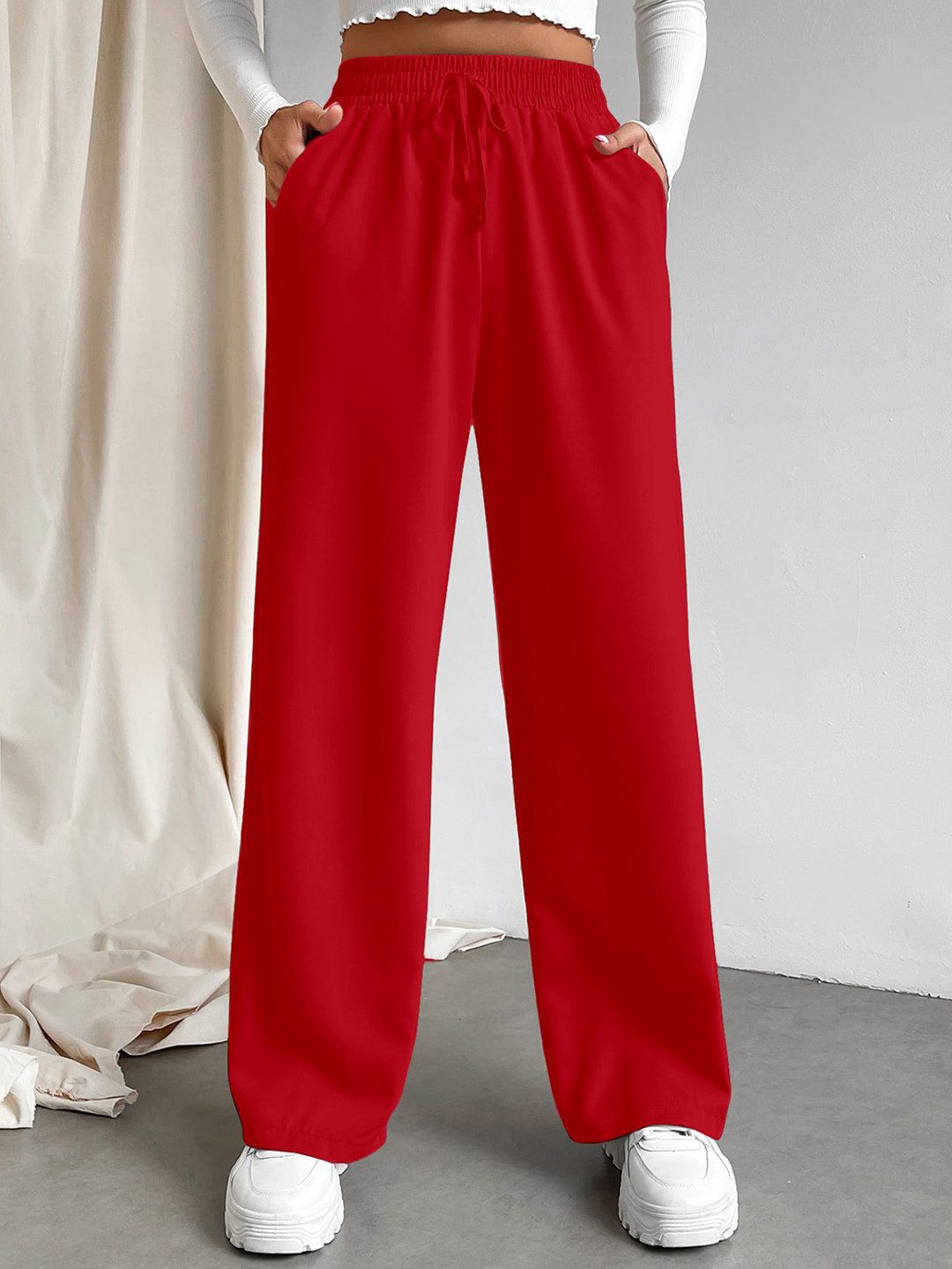 

CORSICA Women Cherry Red Loose Fit High-Rise Parallel Trousers