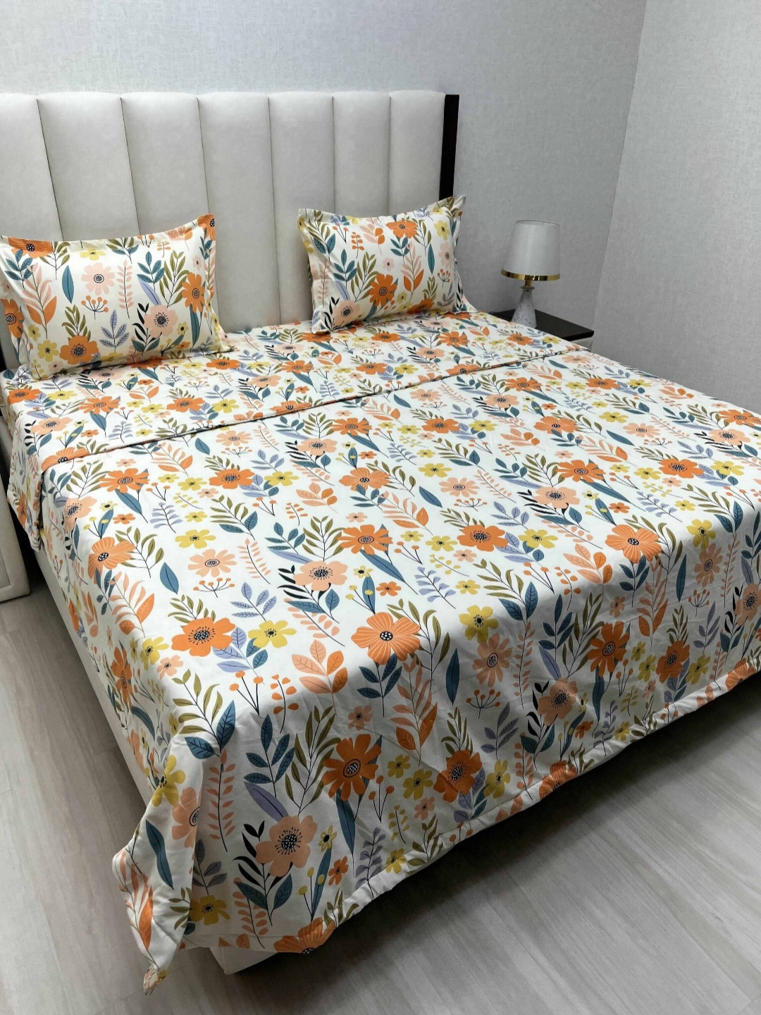 

Pure Decor White & Orange Floral Printed Superfine Double King Size Bedding Set
