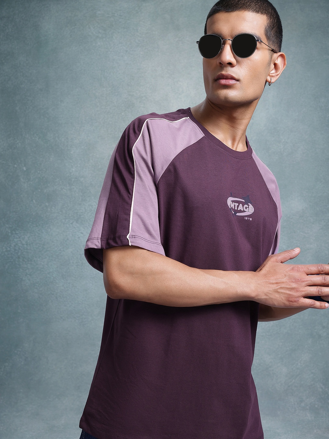 

The Roadster Life Co. Drop-Shoulder Sleeves Pure Cotton Relaxed T-shirt, Purple