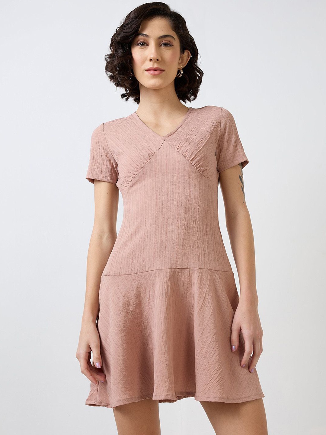 

SZN Women Self Design A-Line Short Sleeves Dress, Peach