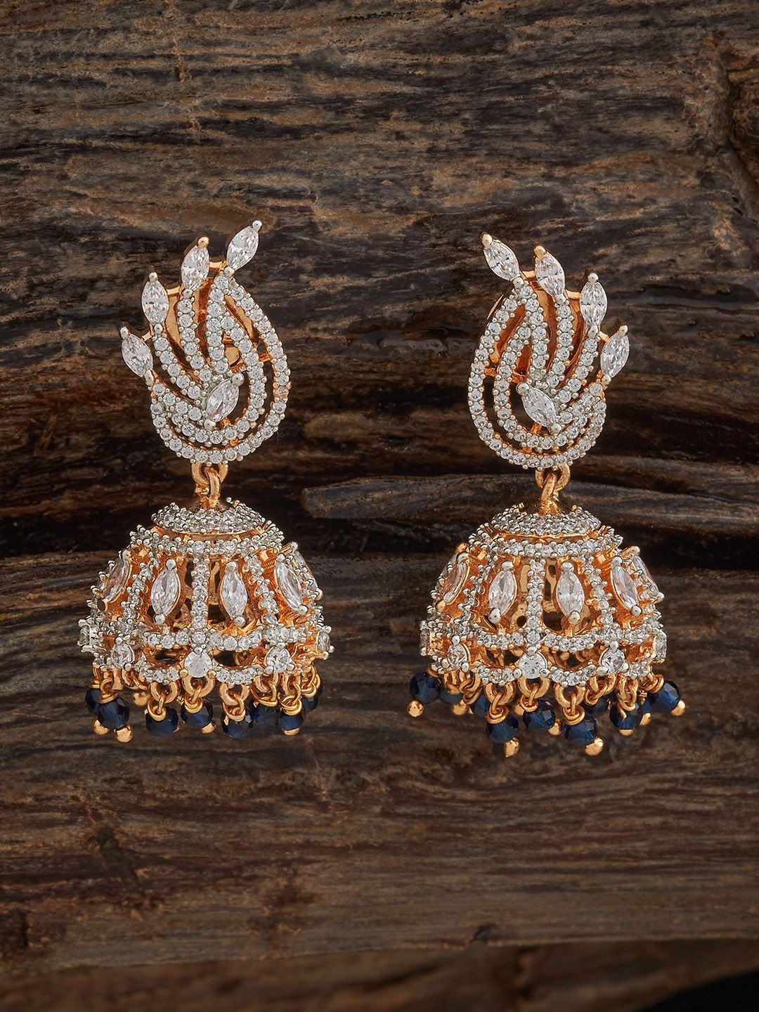 

Kushal's Fashion Jewellery Rhodium Gold-Plated Dome Shaped Zircon Studded Jhumkas