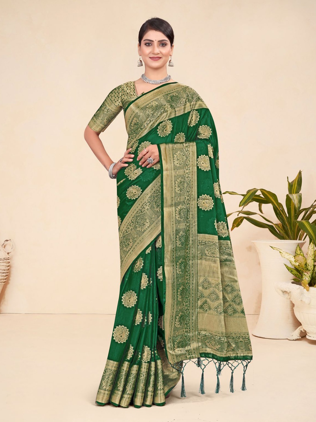 

ODETTE Green Viscose Woven Saree With Unstitched Blouse For Women