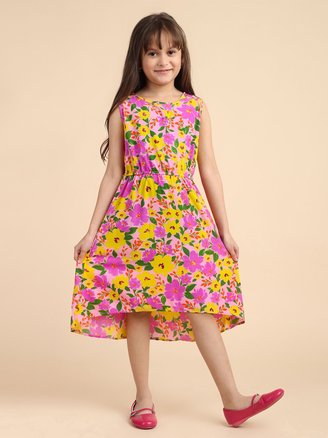 

YK Girls Floral Print Fit & Flare Knee Length Sleeveless Dress, Peach