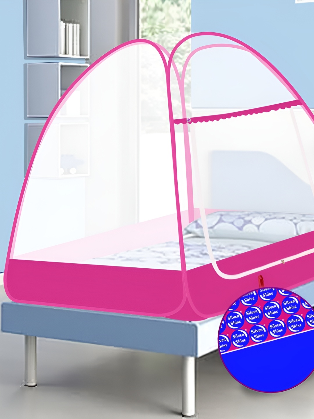 

Silver Shine Pink & White Single Bed Foldable Tent Mosquito Net