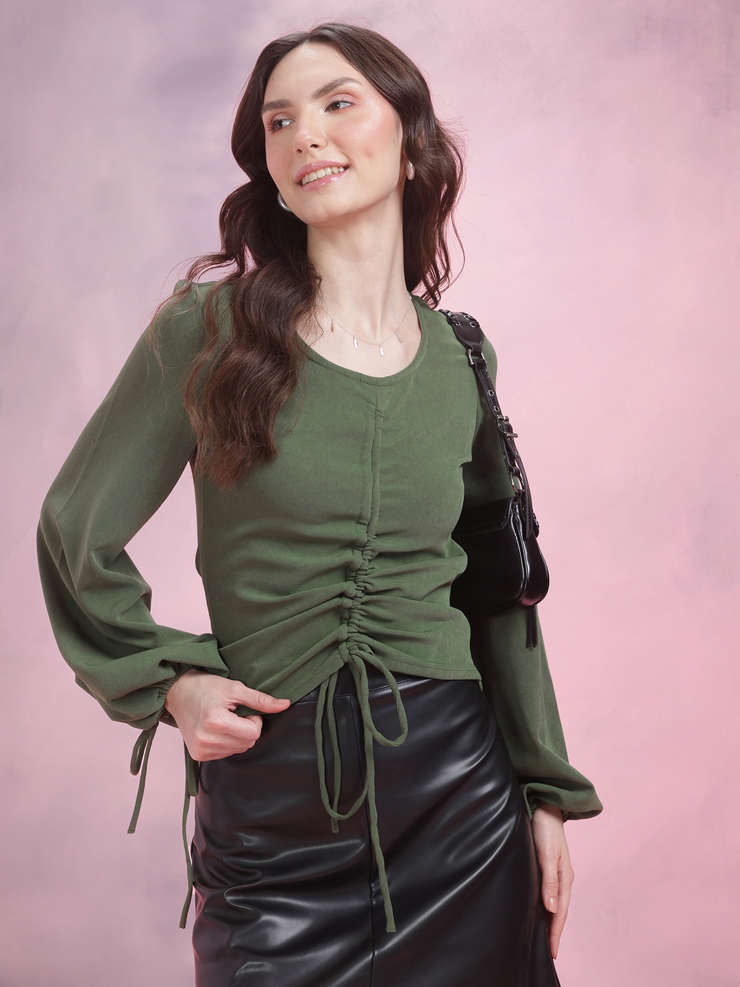 

DressBerry Ruched Puff Sleeve Top, Olive