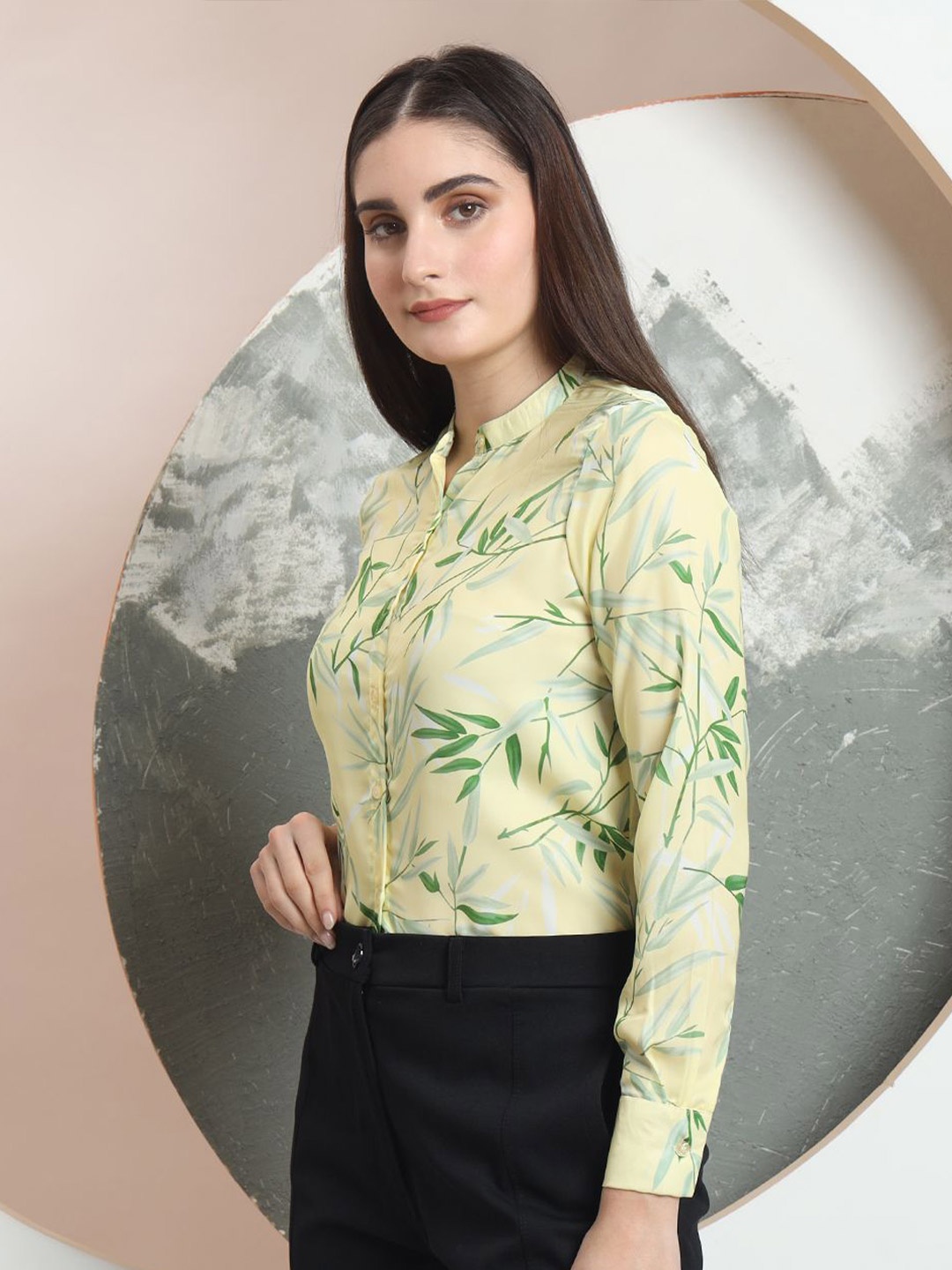 

All About You Formals Women Mandarin Collar Floral Printed Satin Formal Shirt, Yellow