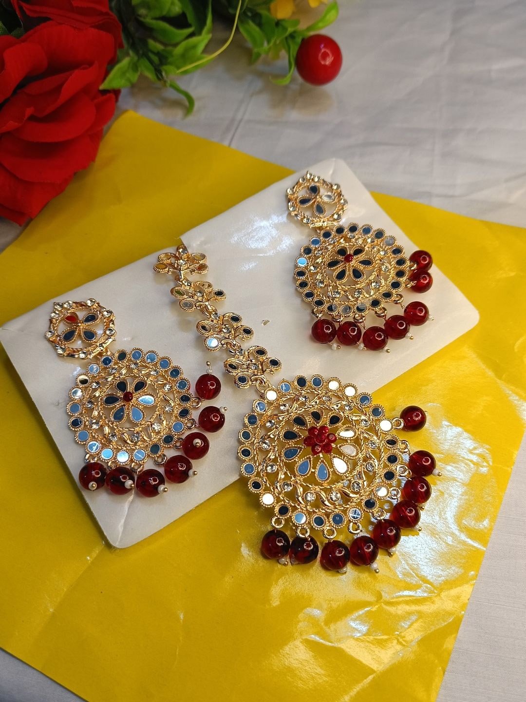 

DIVASTRI Gold-Plated Mirror & Pearls Jewellery Set, Maroon