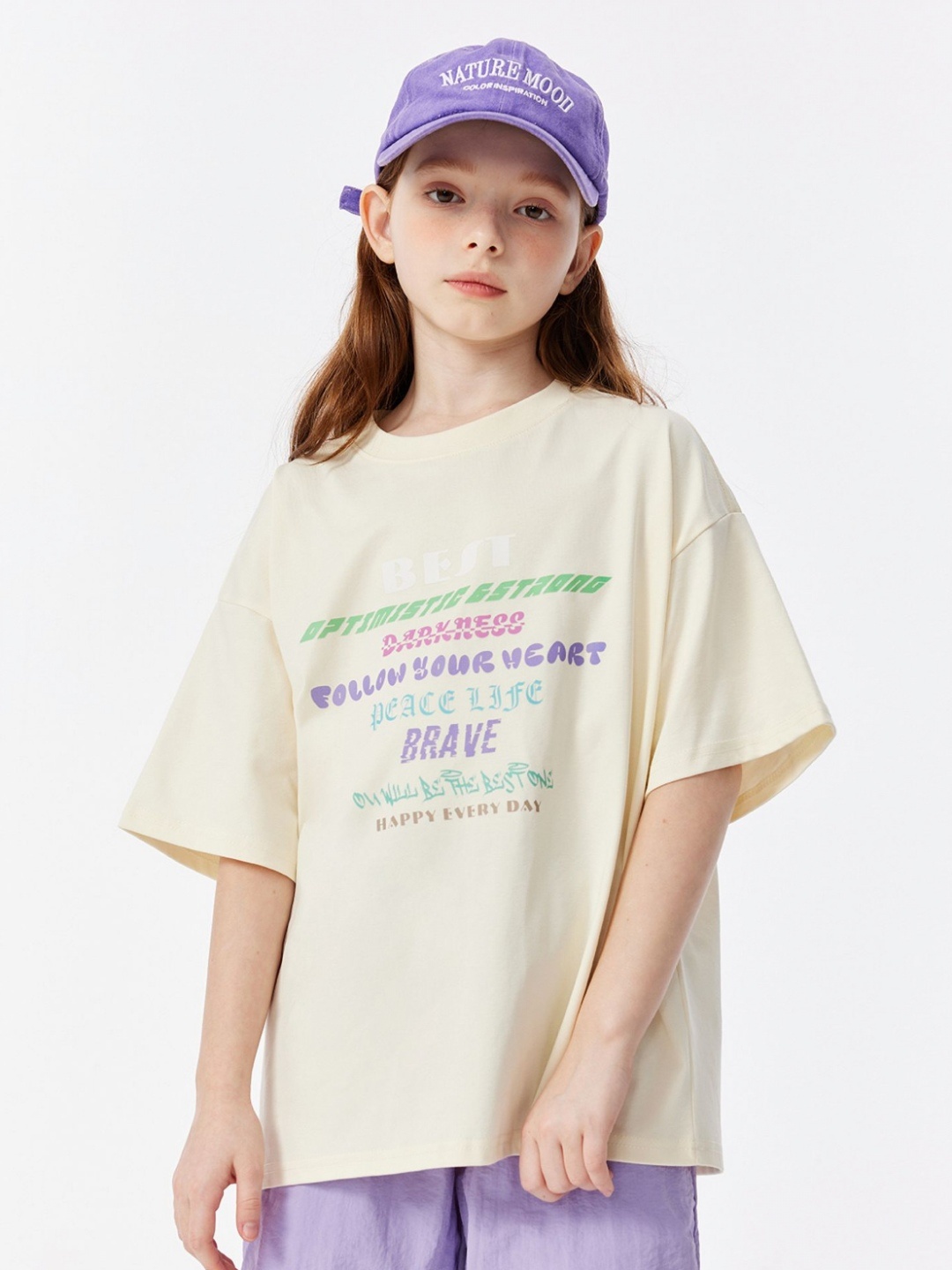 

LULU & SKY Girls Typography Printed Round Neck Cotton Oversized T-shirt, Beige