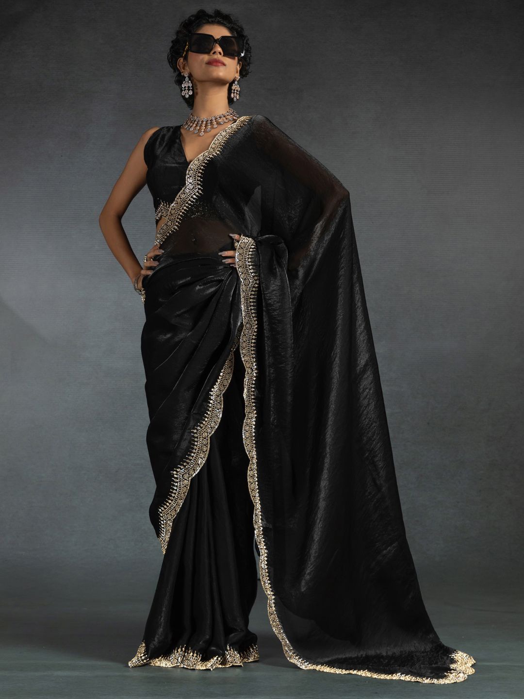 

Saree mall Embellished Beads and Stones Satin Sarees, Black