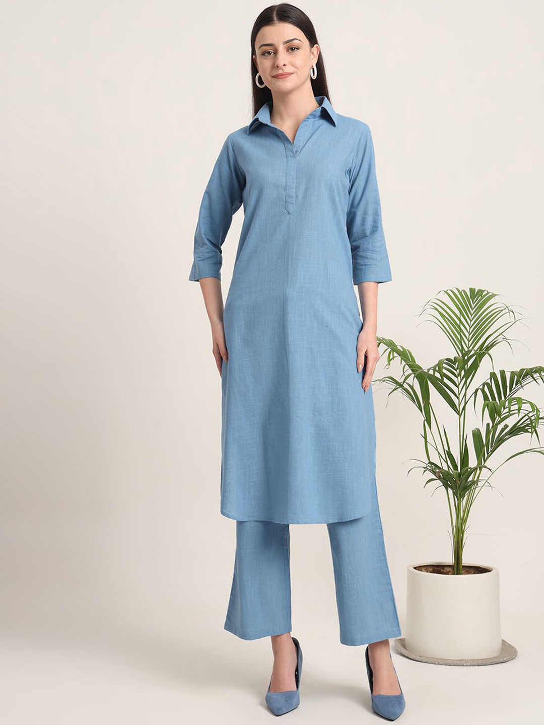 

Thevasa Pure Cotton Shirt Collar Tunic With Trouser, Blue