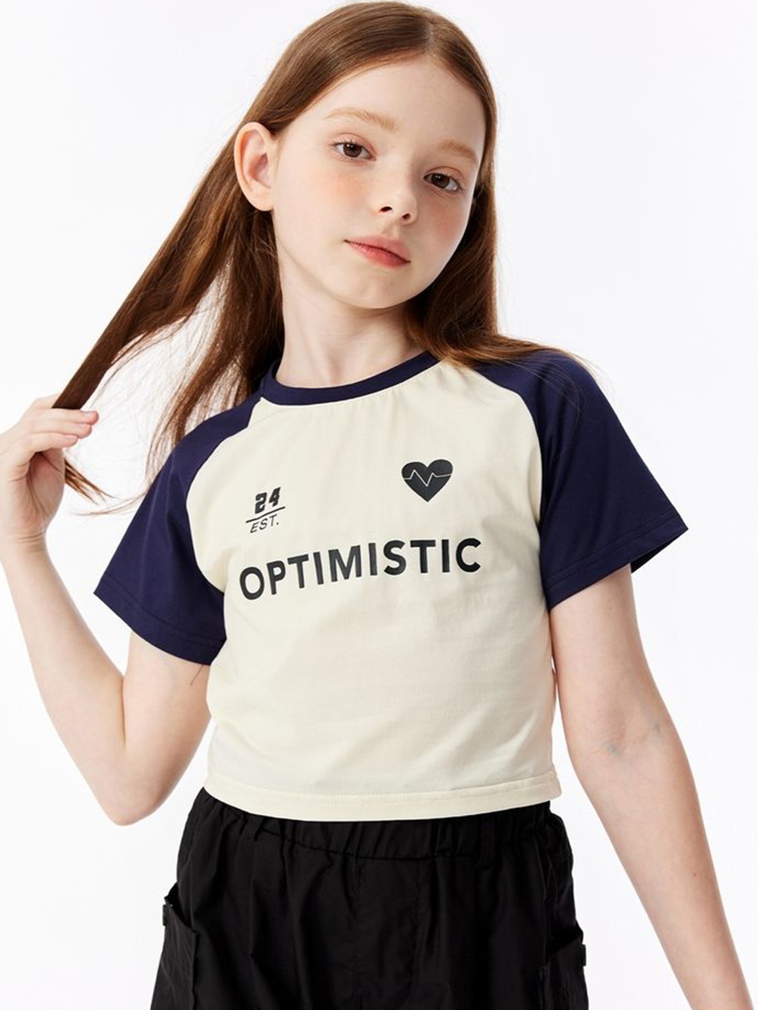 

LULU & SKY Girls Typography Printed Round Neck Cotton T-shirt, Beige