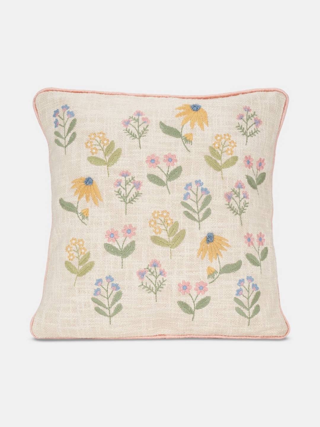 

Living scapes by Pantaloons Off White & Yellow Embroidered Cotton Square Cushion Cover