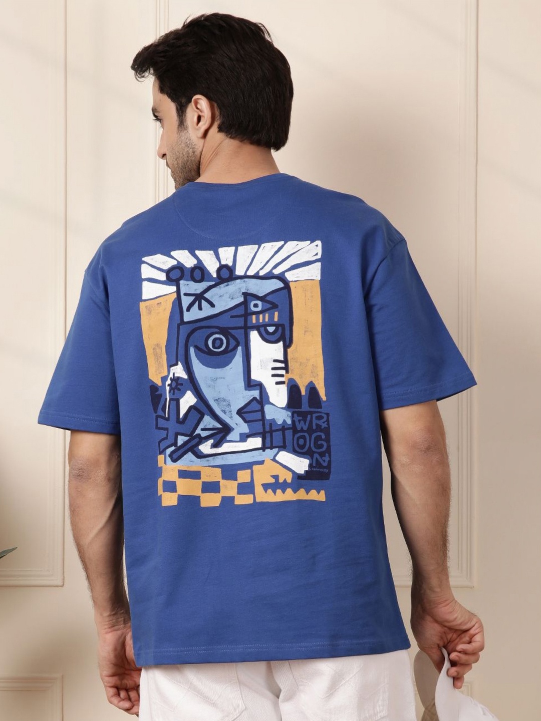 

WROGN Men Graphic Printed Round Neck Cotton Oversized T-shirt, Blue