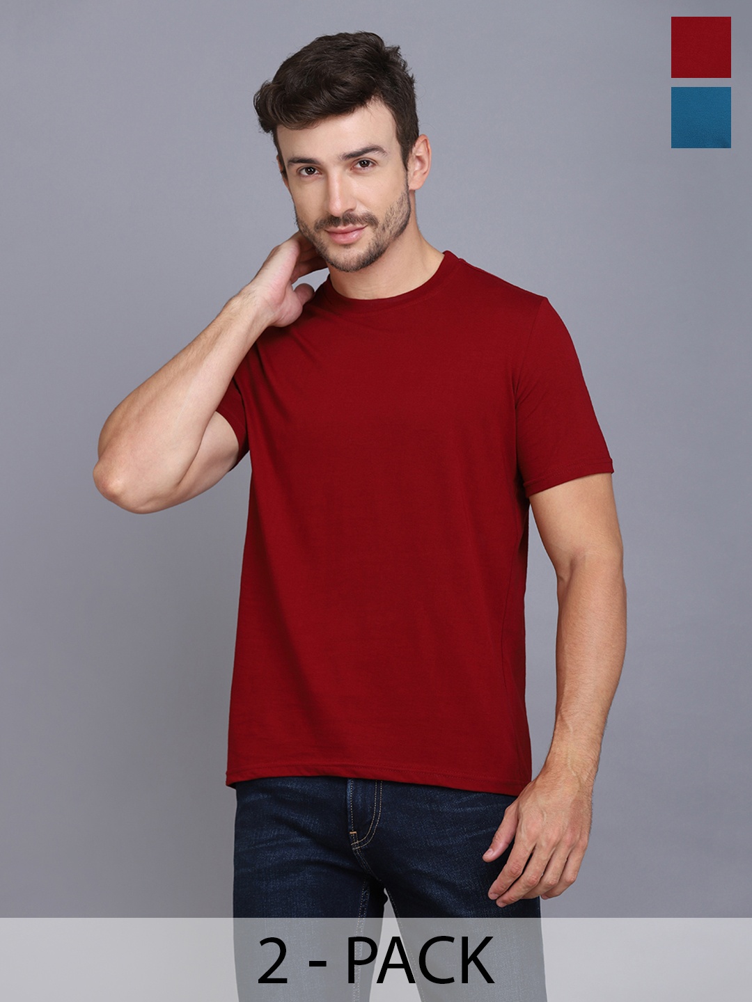 

WOOSTRO Men Solid Round Neck Cotton Slim Fit T-shirt, Maroon