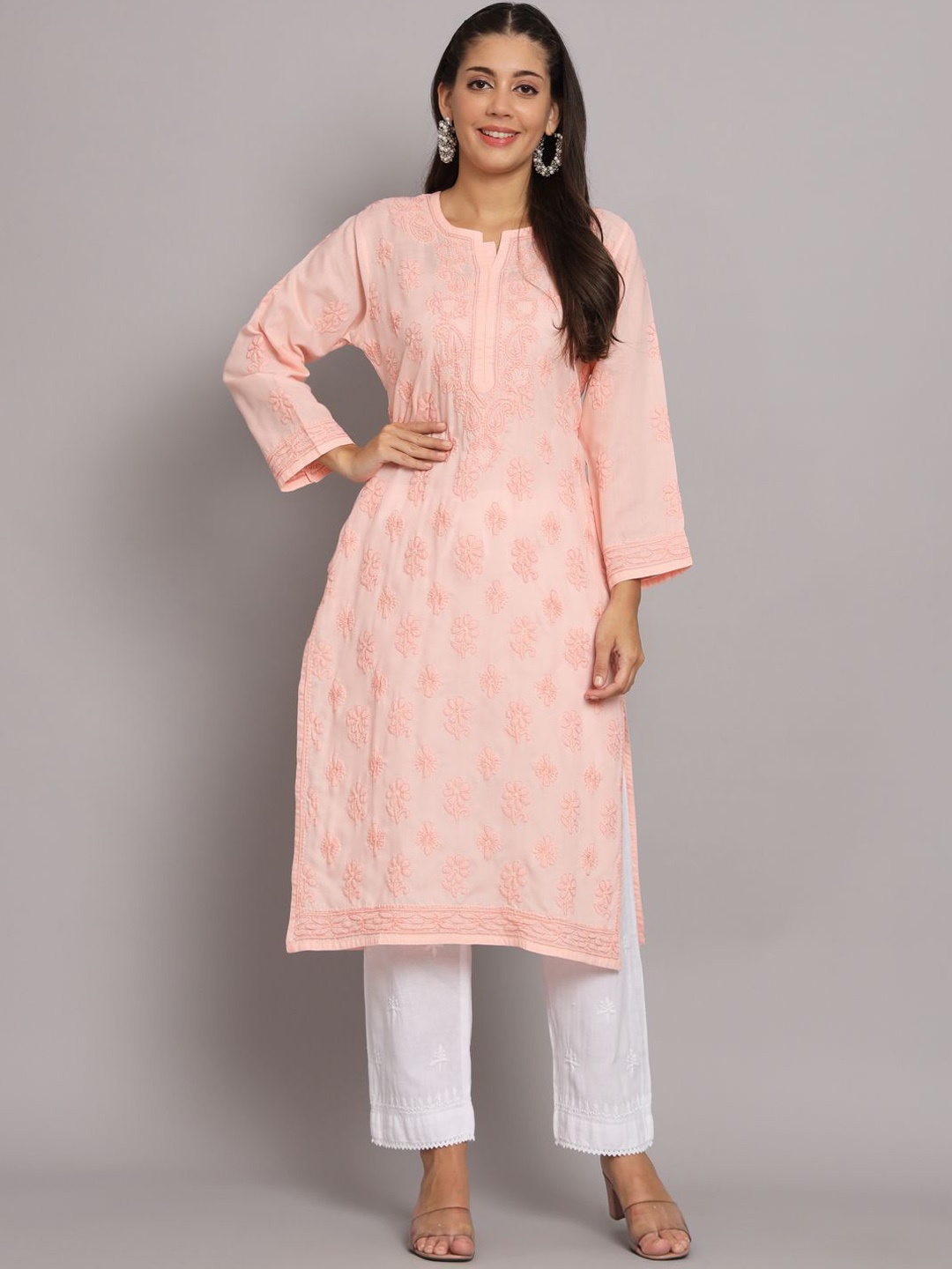 

PARAMOUNT CHIKAN Paisley Lucknowi Chikankari Notch Neck Straight Kurta, Peach