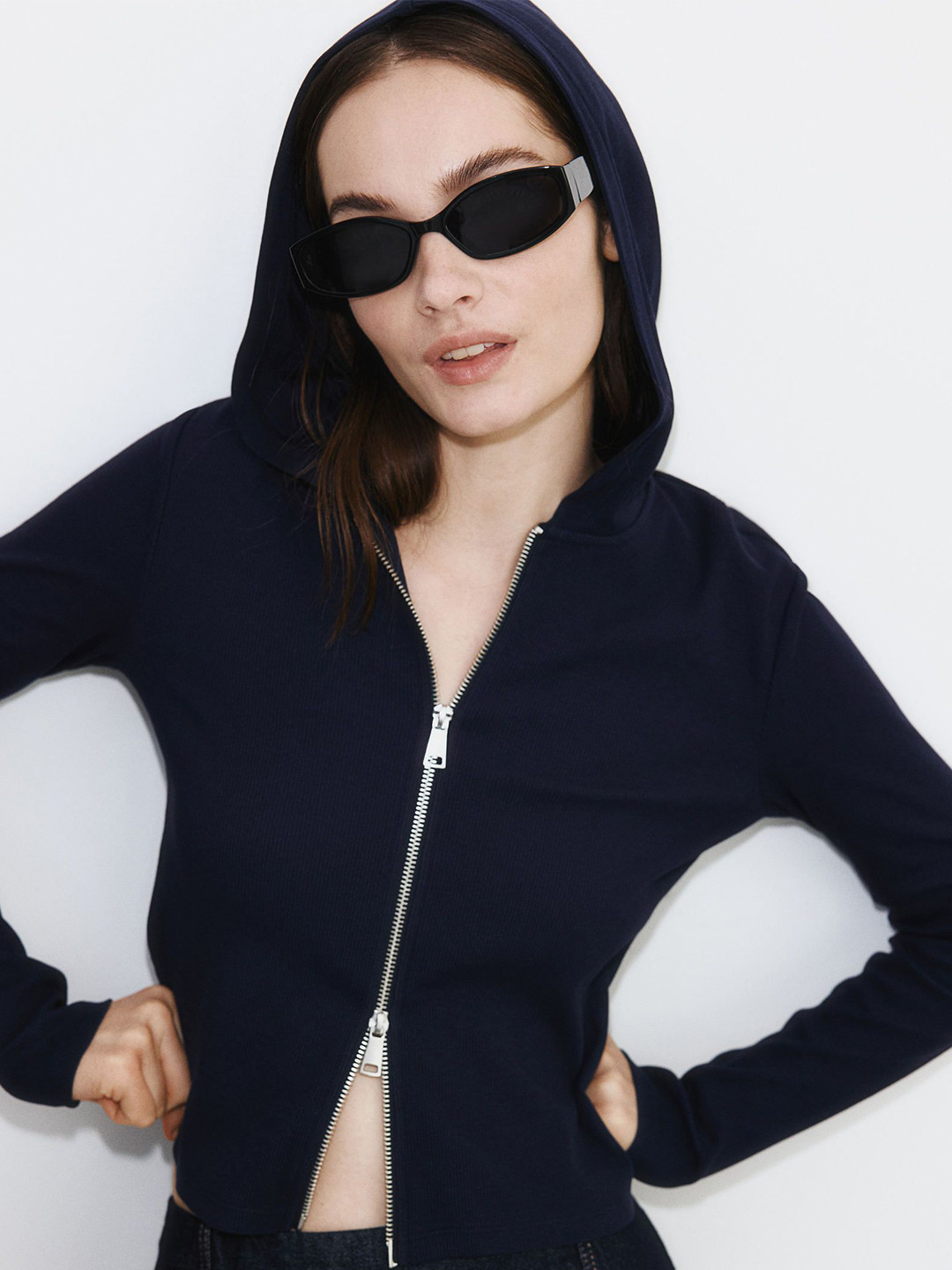 

H&M Ribbed Zip-Through Hoodie, Navy blue