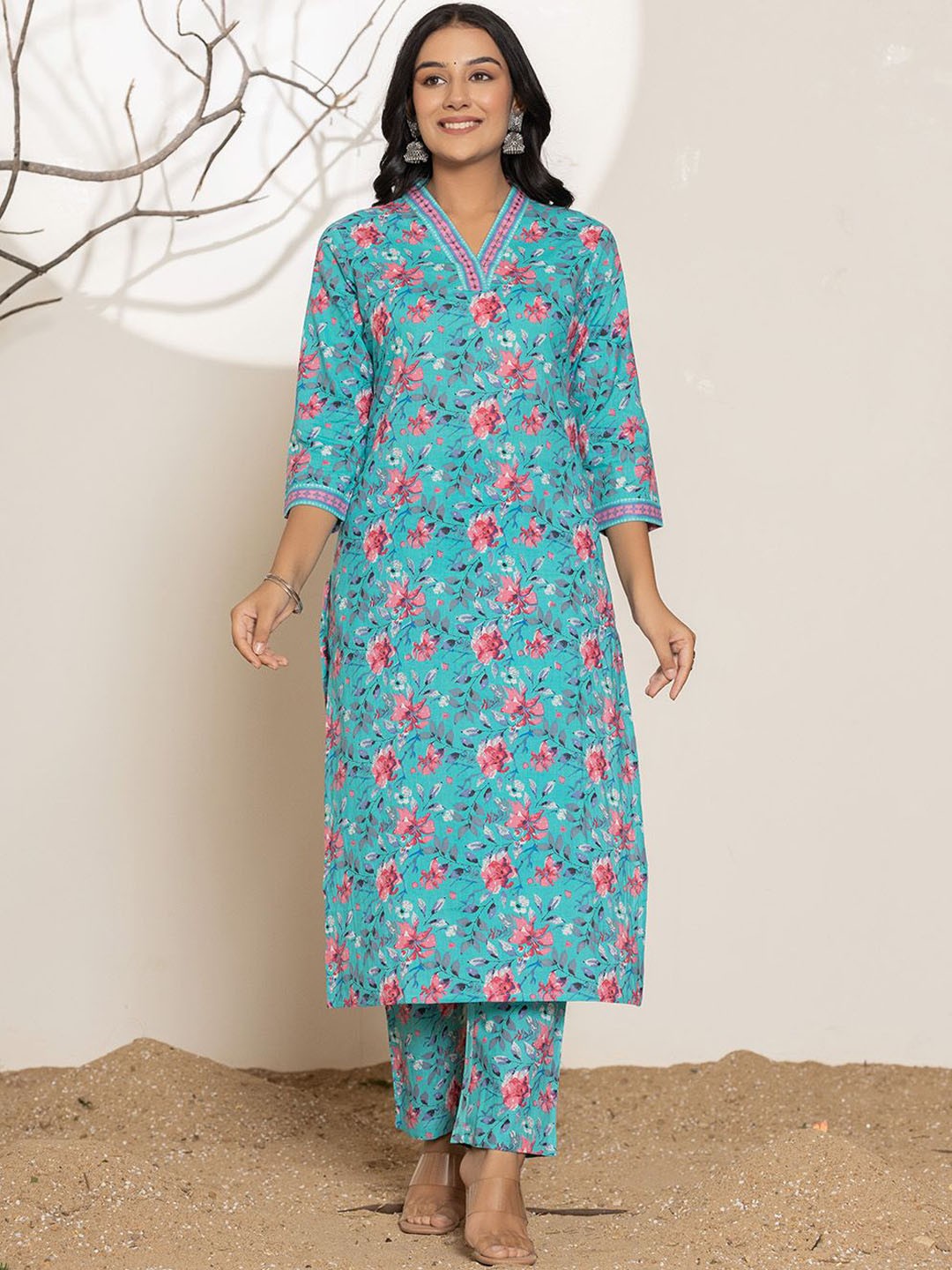 

KALINI Floral Printed Pure Cotton Straight Kurta With Trouser, Sea green