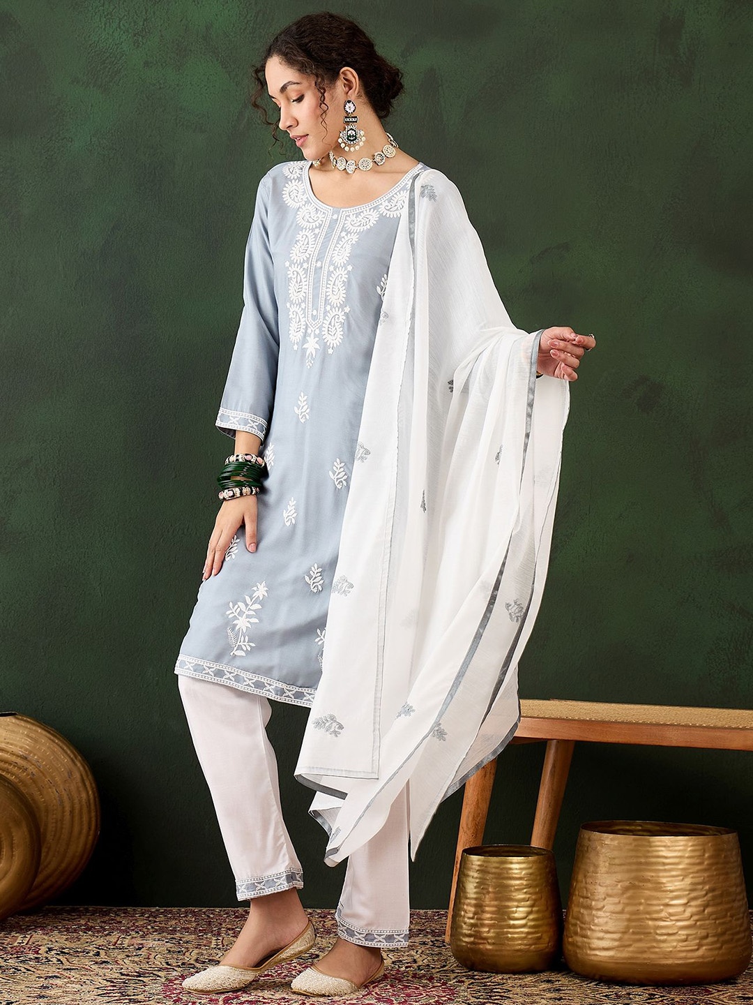 

MANVAA Women Embroidered Regular Thread Work Kurti with Salwar & With Dupatta, Grey