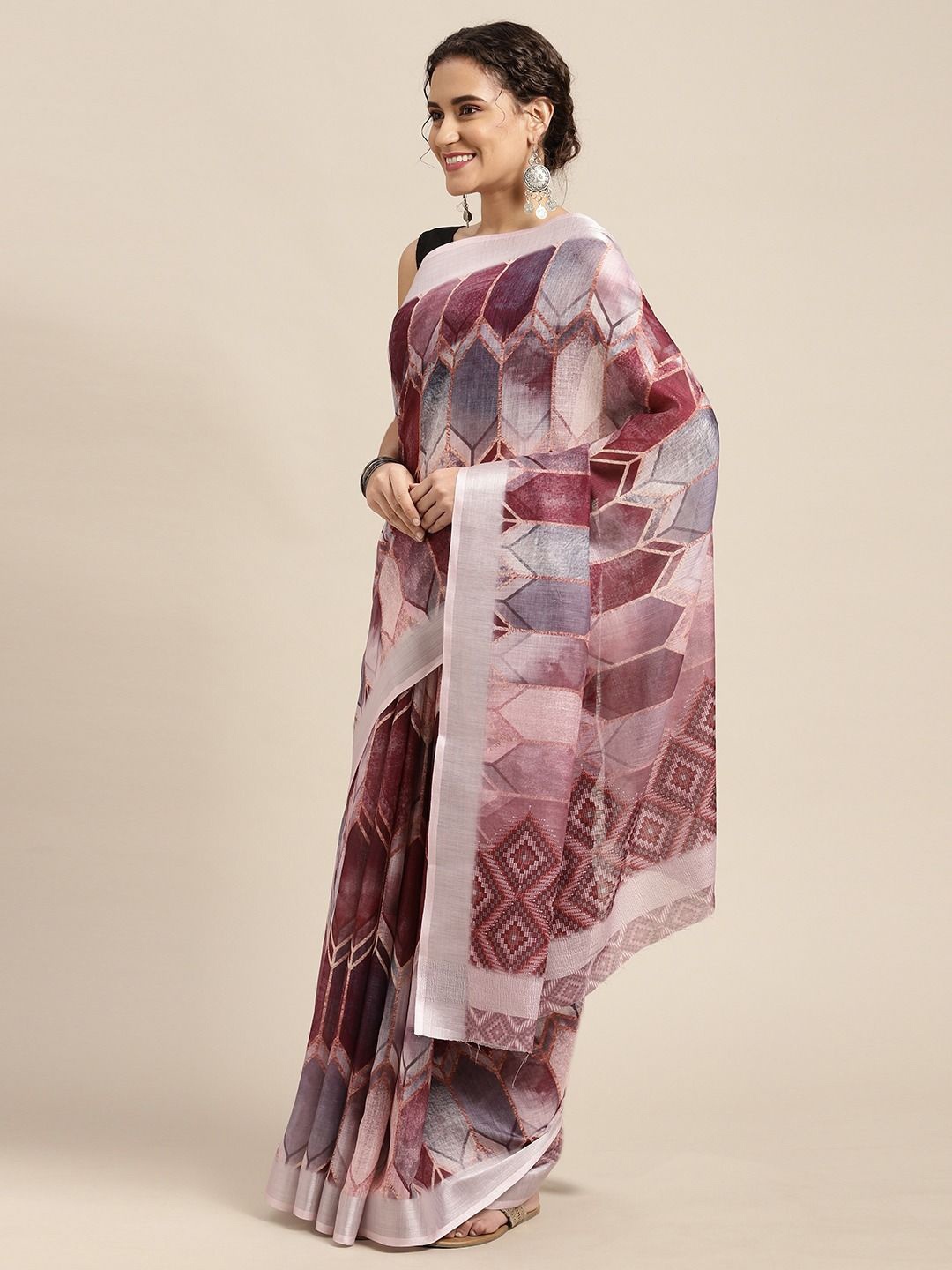 

DIVASTRI Geometric Printed Pure Linen Saree, Purple
