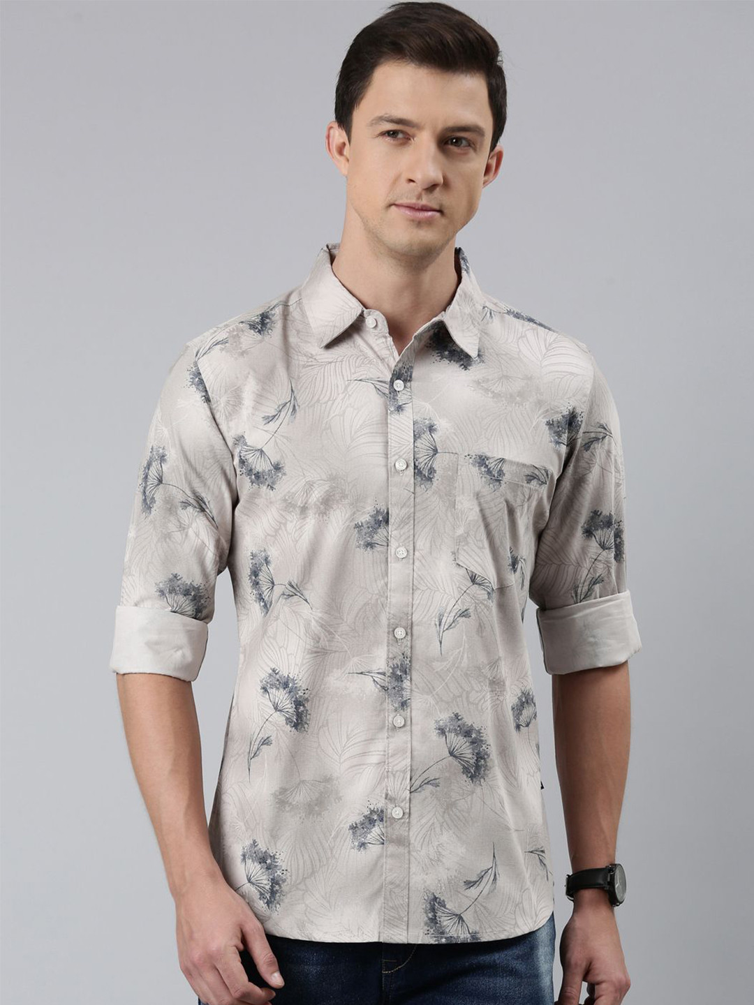 

Provogue Men Spread Collar Floral Printed Cotton Casual Shirt, Grey