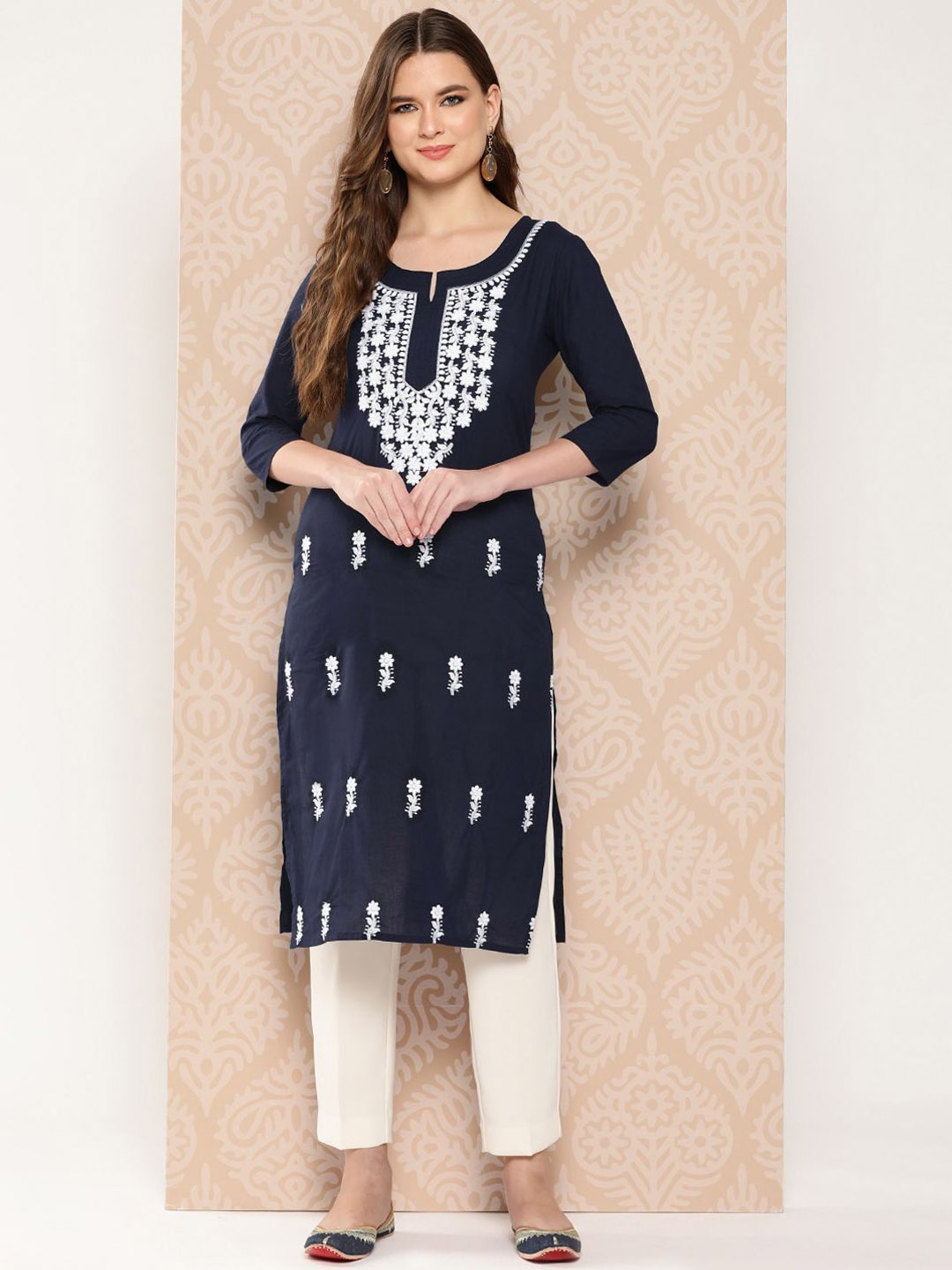 

KALINI Women Embroidered Chikankari Kurta, Navy blue