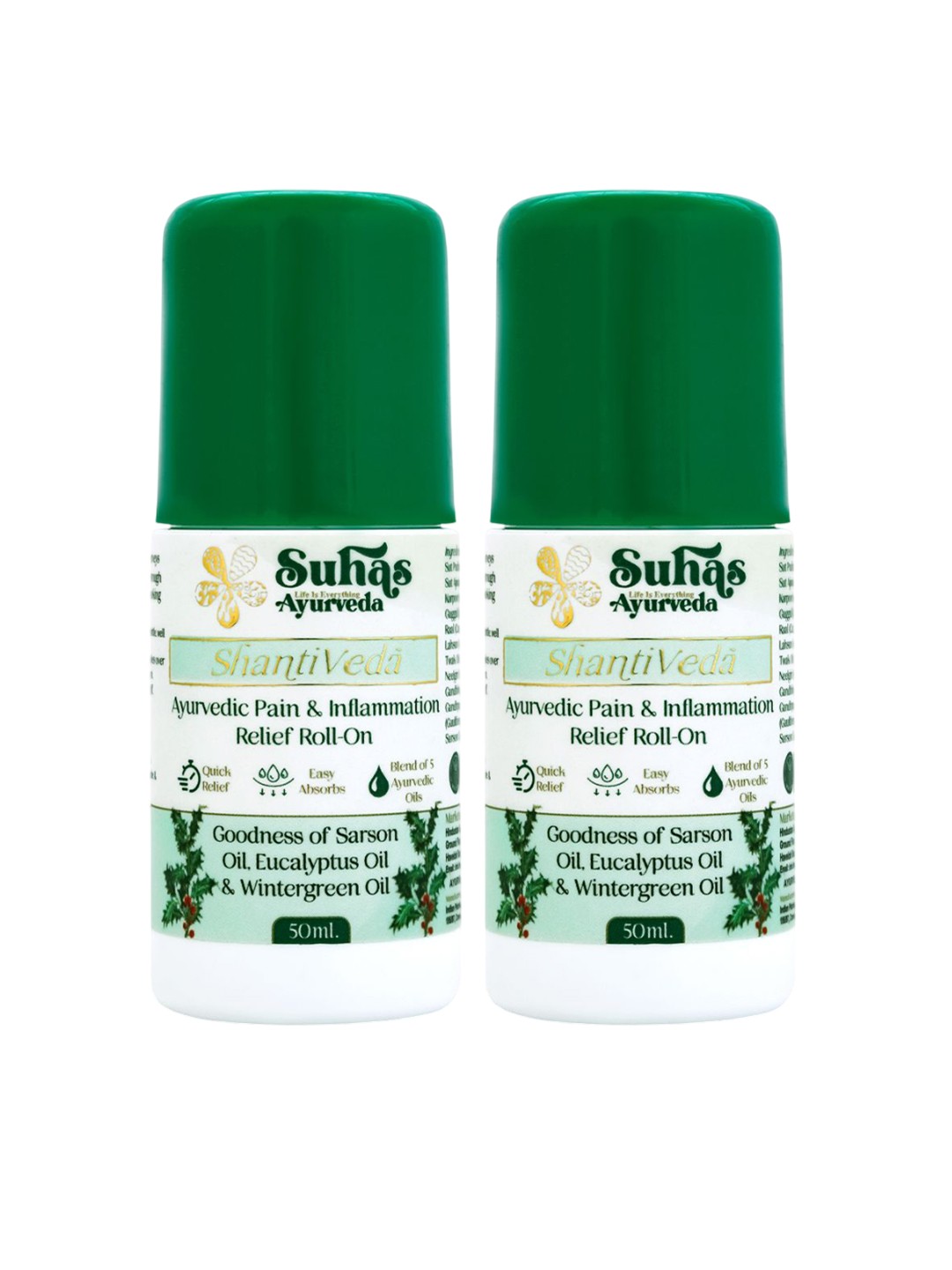 

Suhas Ayurveda Set Of 2 Shantiveda Ayurvedic Pain & Inflammation Relief Roll On-50 ml Each, Green