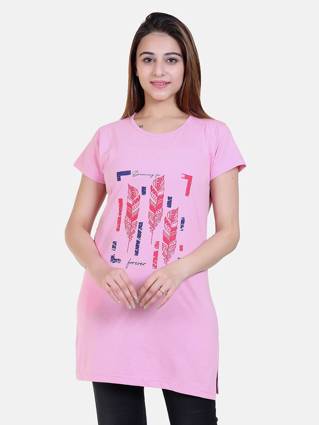 

Divine Girl Graphic Printed Cotton Longline T-Shirt, Pink