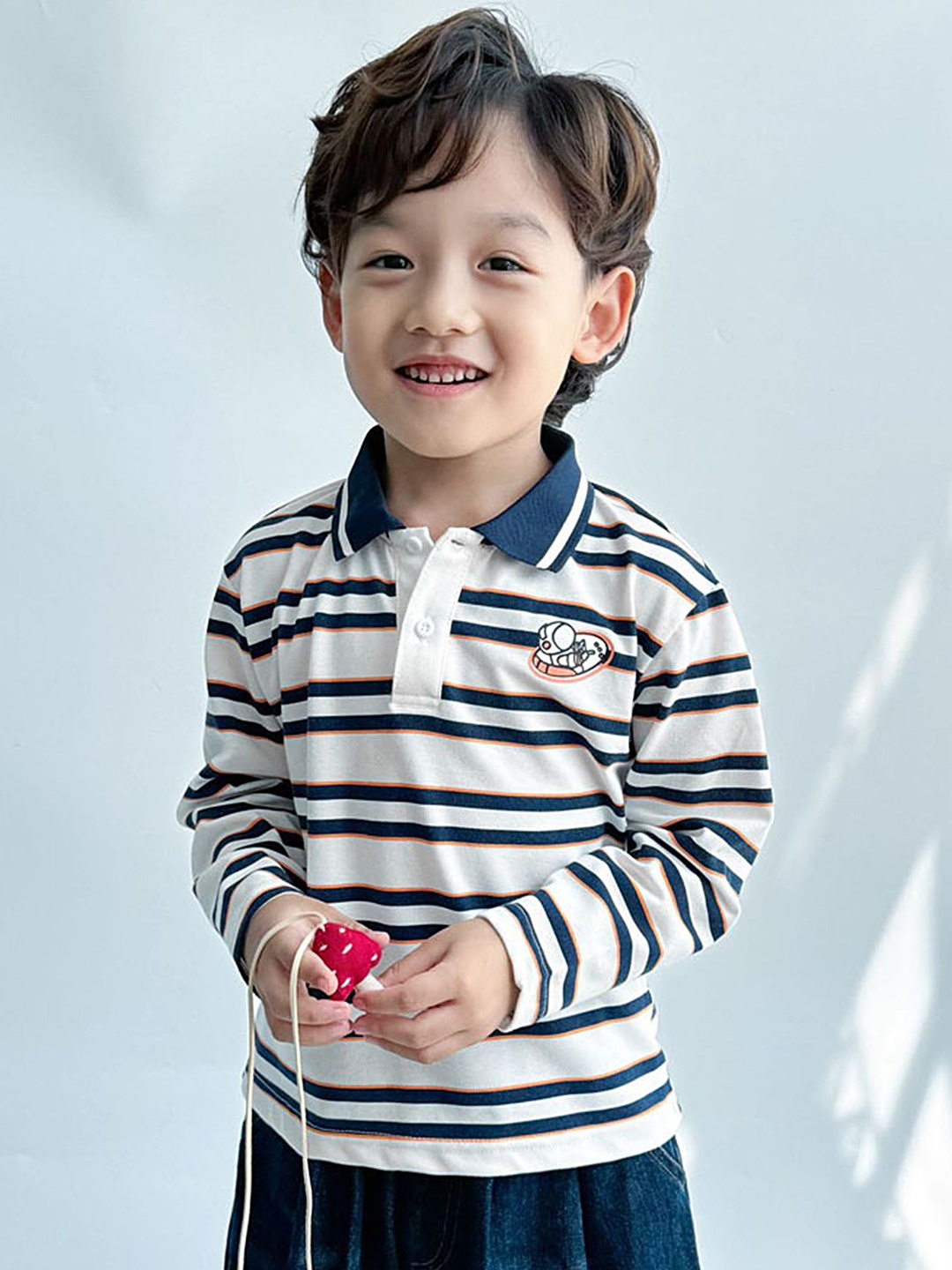 

LULU & SKY Boys Striped Polo Collar Cotton Oversized T-shirt, White