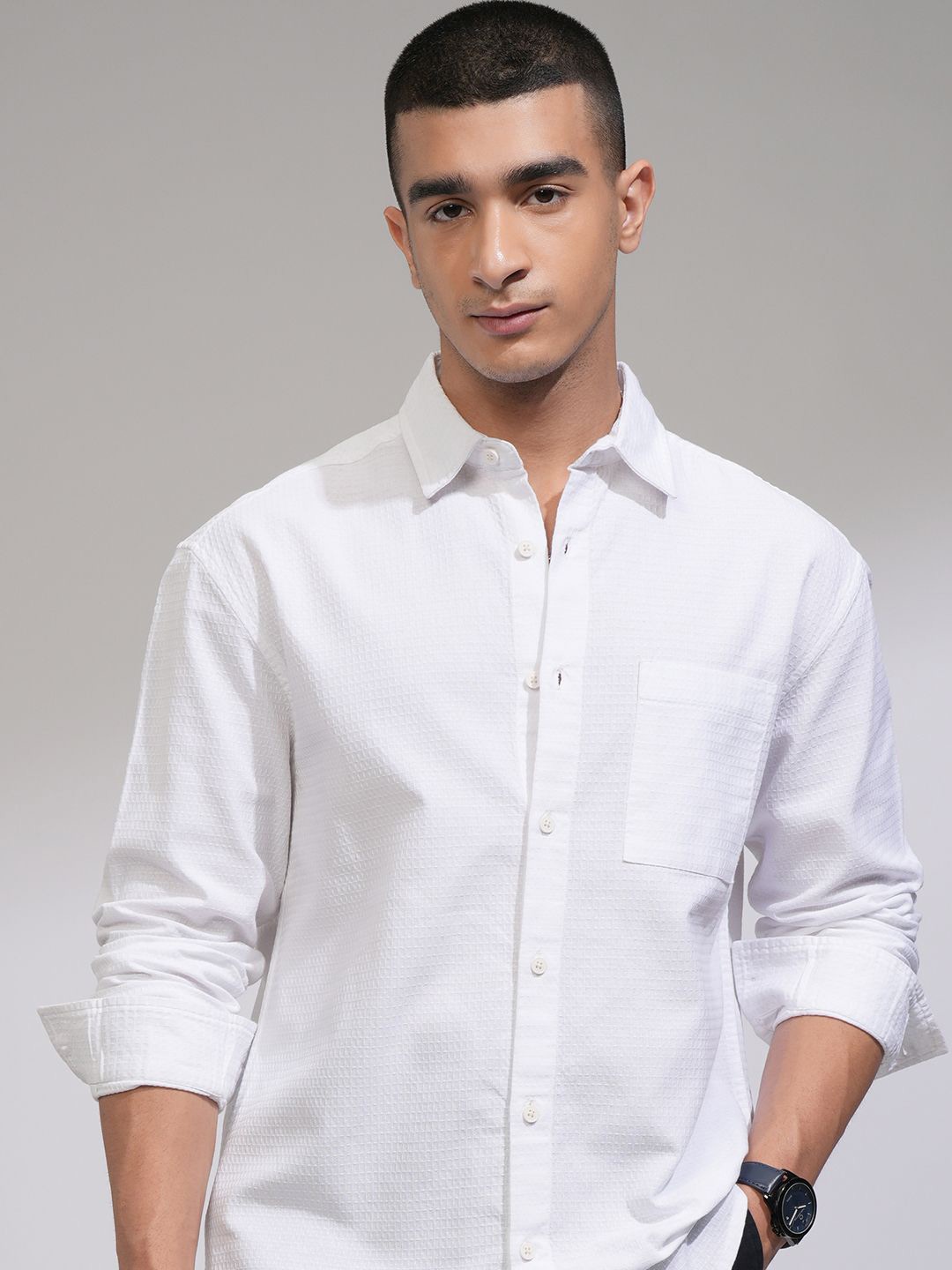 

HIGHLANDER Men Dobby Textured Solid Relaxed Overshirt, White