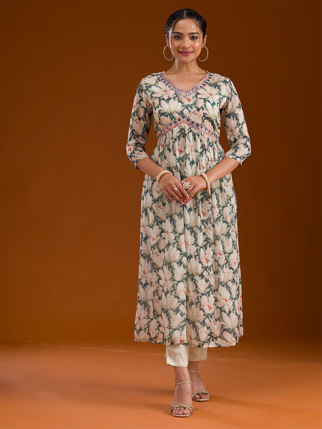 

Koskii Floral Printed Pleated Kurta With Trousers & Dupatta, Cream