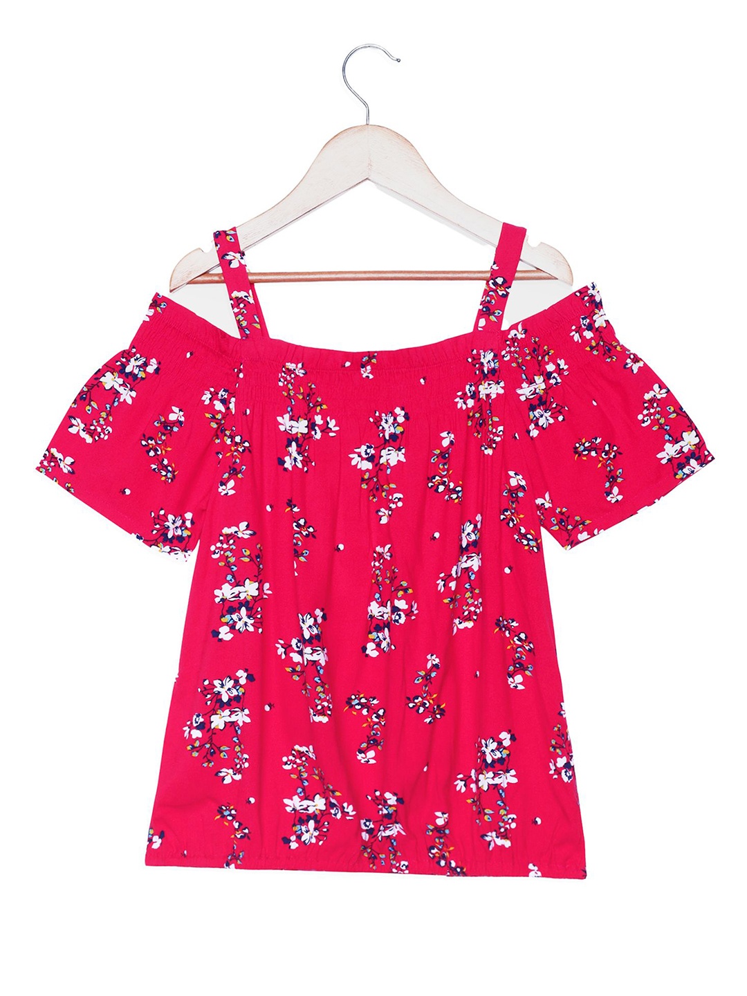 

CACA CINA Girls Floral Printed Shoulder Straps Blouson Top, Red