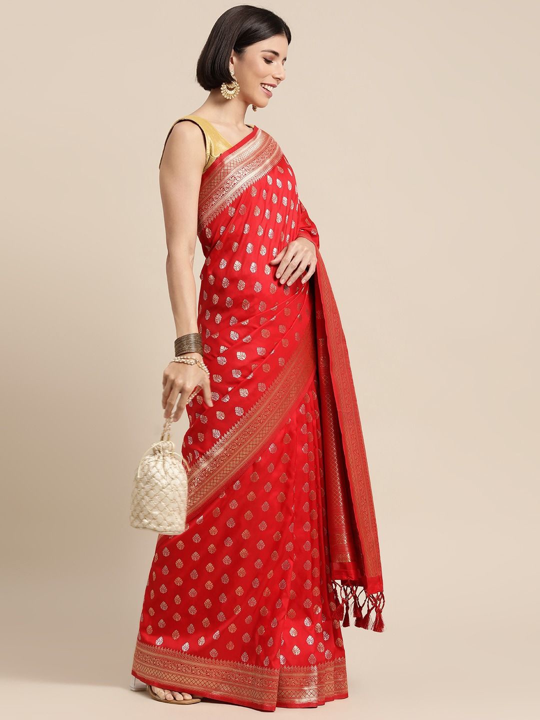 

DIVASTRI Woven Design Zari Silk Blend Banarasi Saree With Unstitched Blouse Piece, Red