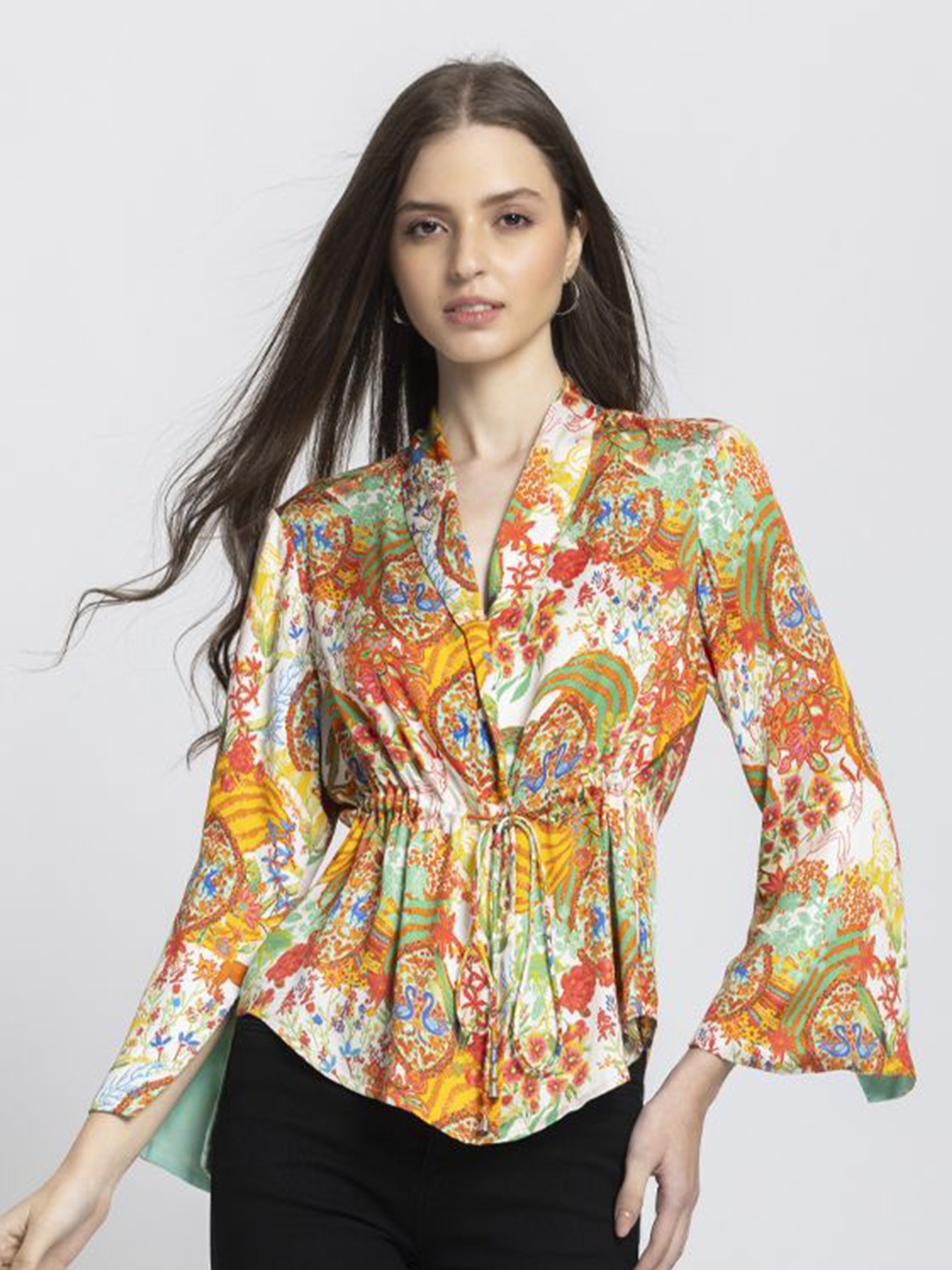 

SHAYE Women Floral Printed V-Neck Casual Top, Beige