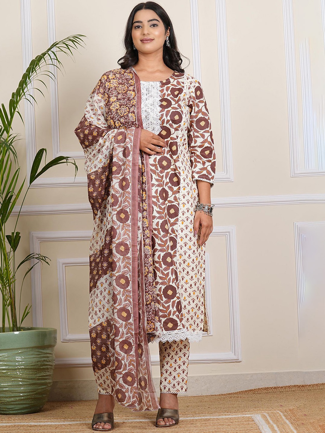 

Be You Floral Printed Round Neck Straight Kurta With Trousers And Dupatta, Brown